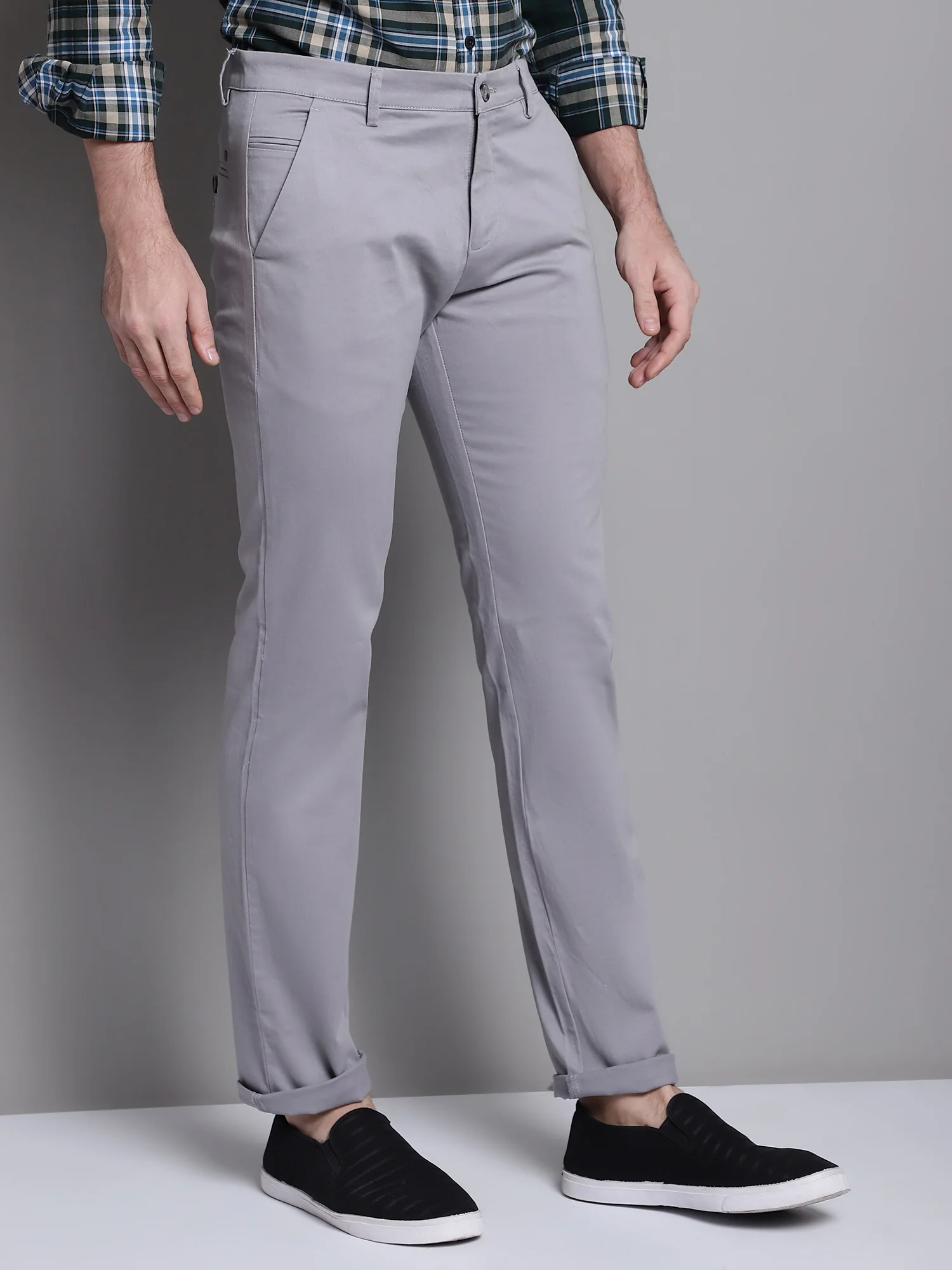 Men's Casual Flat front Grey  Trousers - Image 4