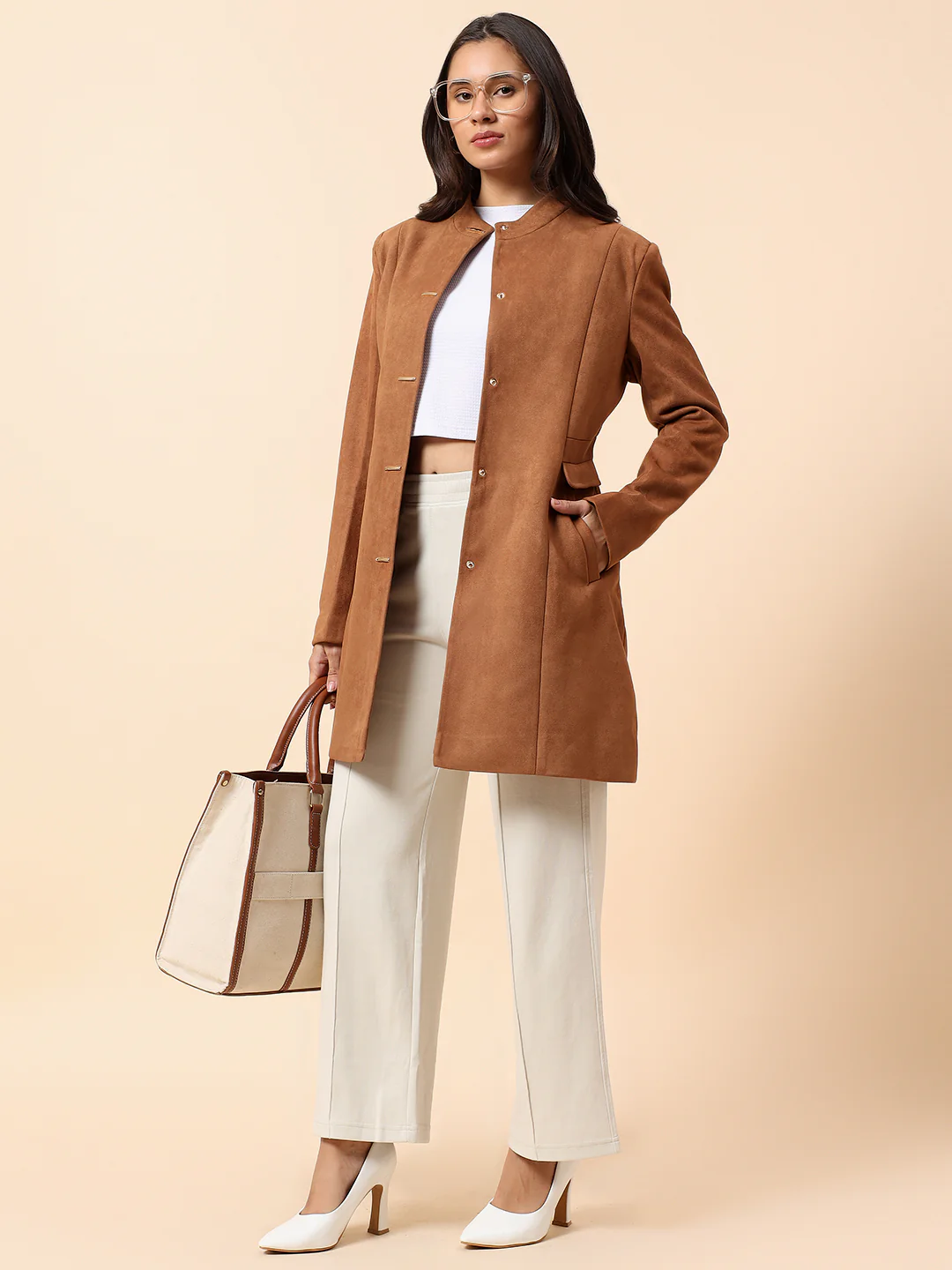 Cantabil Long Coat for Women l Premium Casual Long Coat Regular Fit Notched Collar Suede Fabric Solid Pattern - Image 2