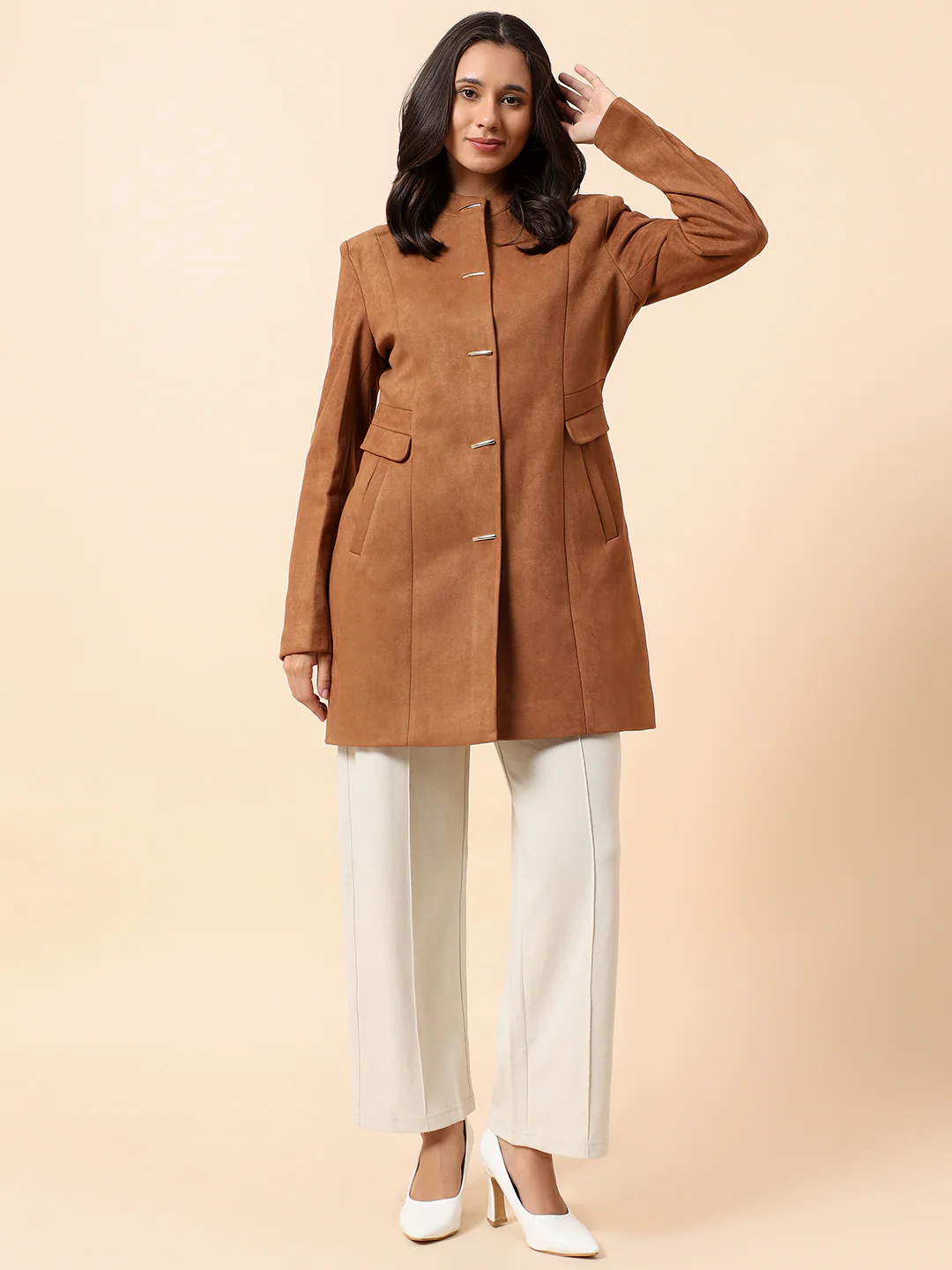 Cantabil Long Coat for Women l Premium Casual Long Coat Regular Fit Notched Collar Suede Fabric Solid Pattern - Image 3