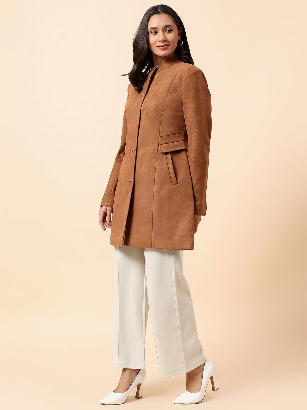 Cantabil Long Coat for Women l Premium Casual Long Coat Regular Fit Notched Collar Suede Fabric Solid Pattern - Image 4