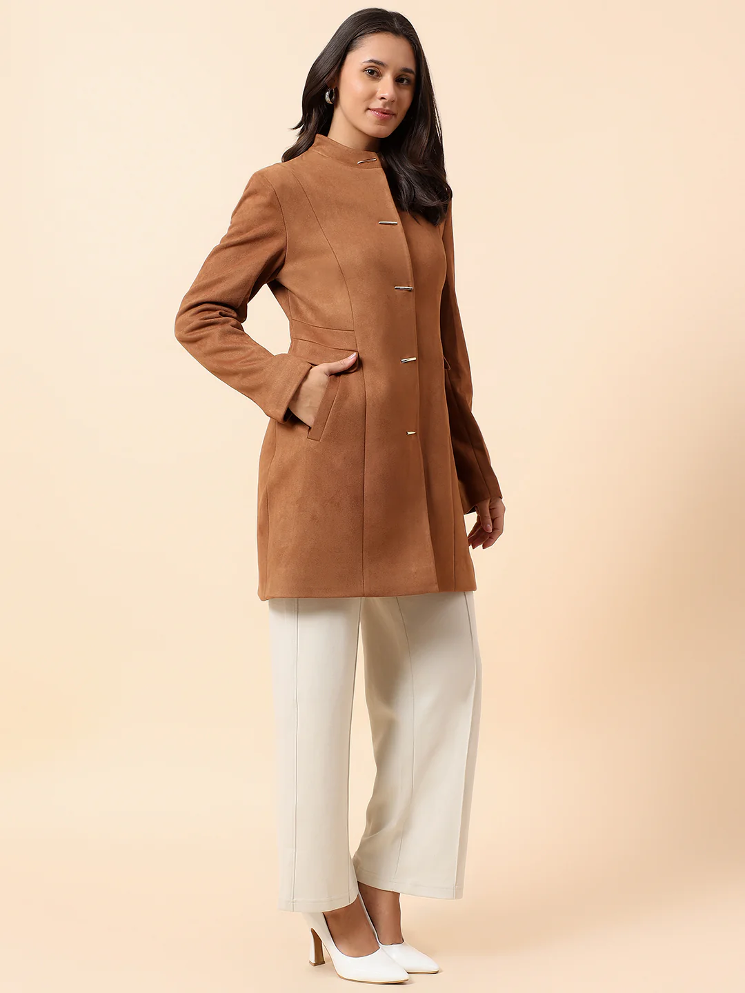 Cantabil Long Coat for Women l Premium Casual Long Coat Regular Fit Notched Collar Suede Fabric Solid Pattern - Image 5