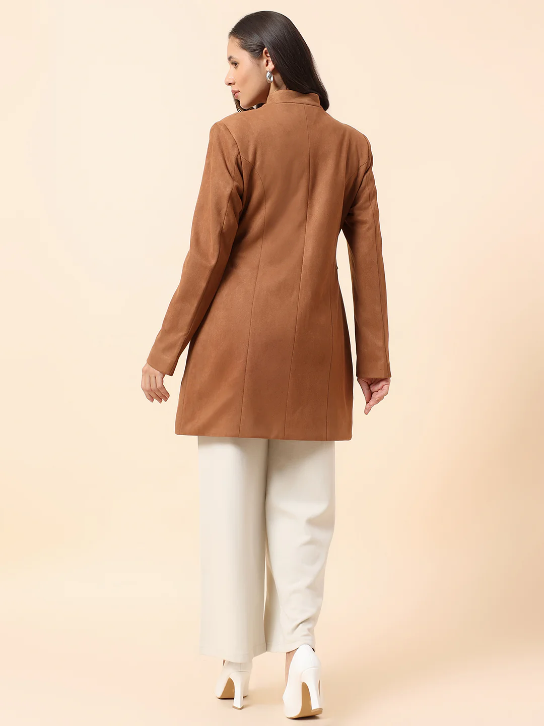 Cantabil Long Coat for Women l Premium Casual Long Coat Regular Fit Notched Collar Suede Fabric Solid Pattern - Image 6