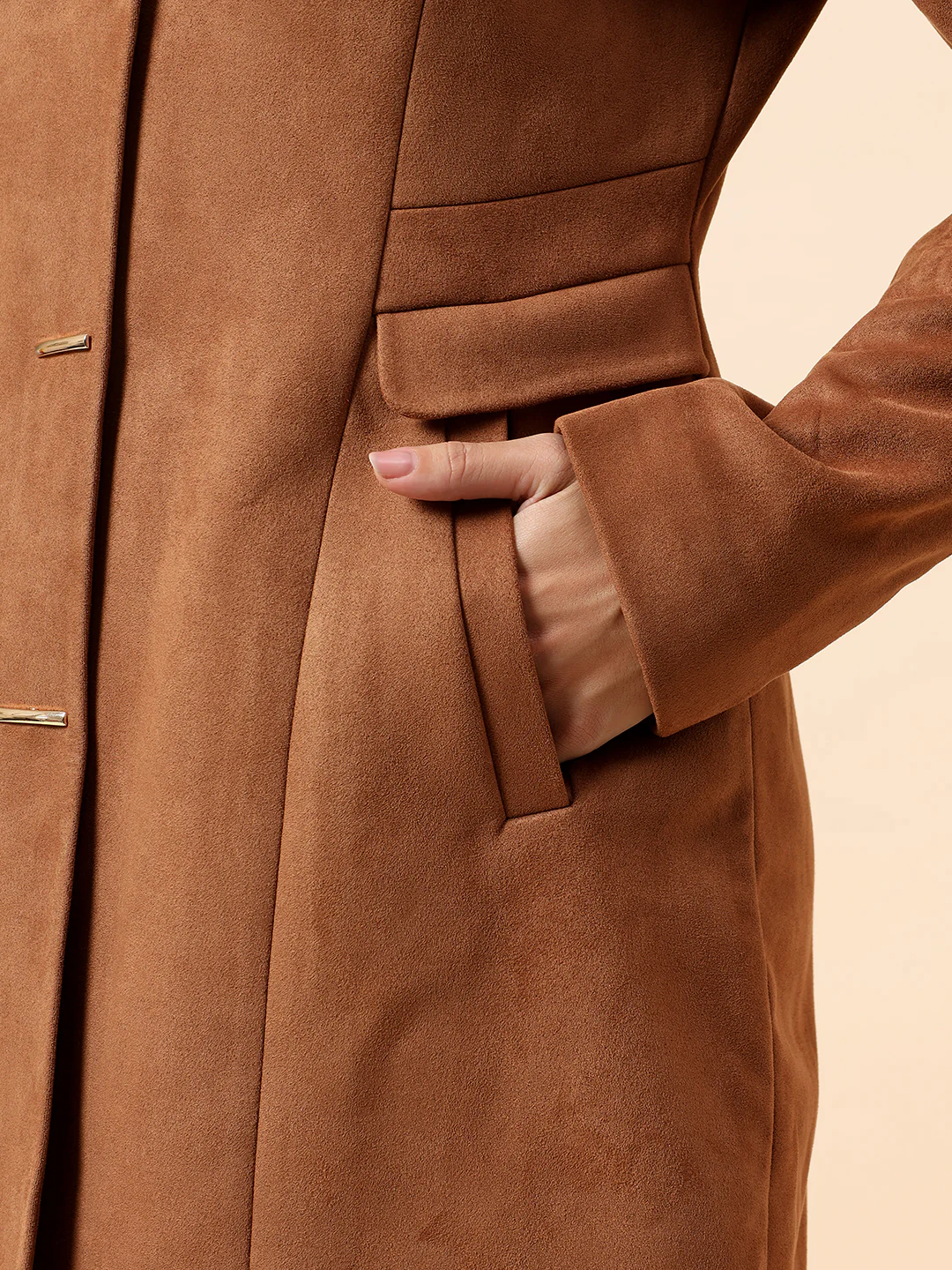 Cantabil Long Coat for Women l Premium Casual Long Coat Regular Fit Notched Collar Suede Fabric Solid Pattern - Image 8