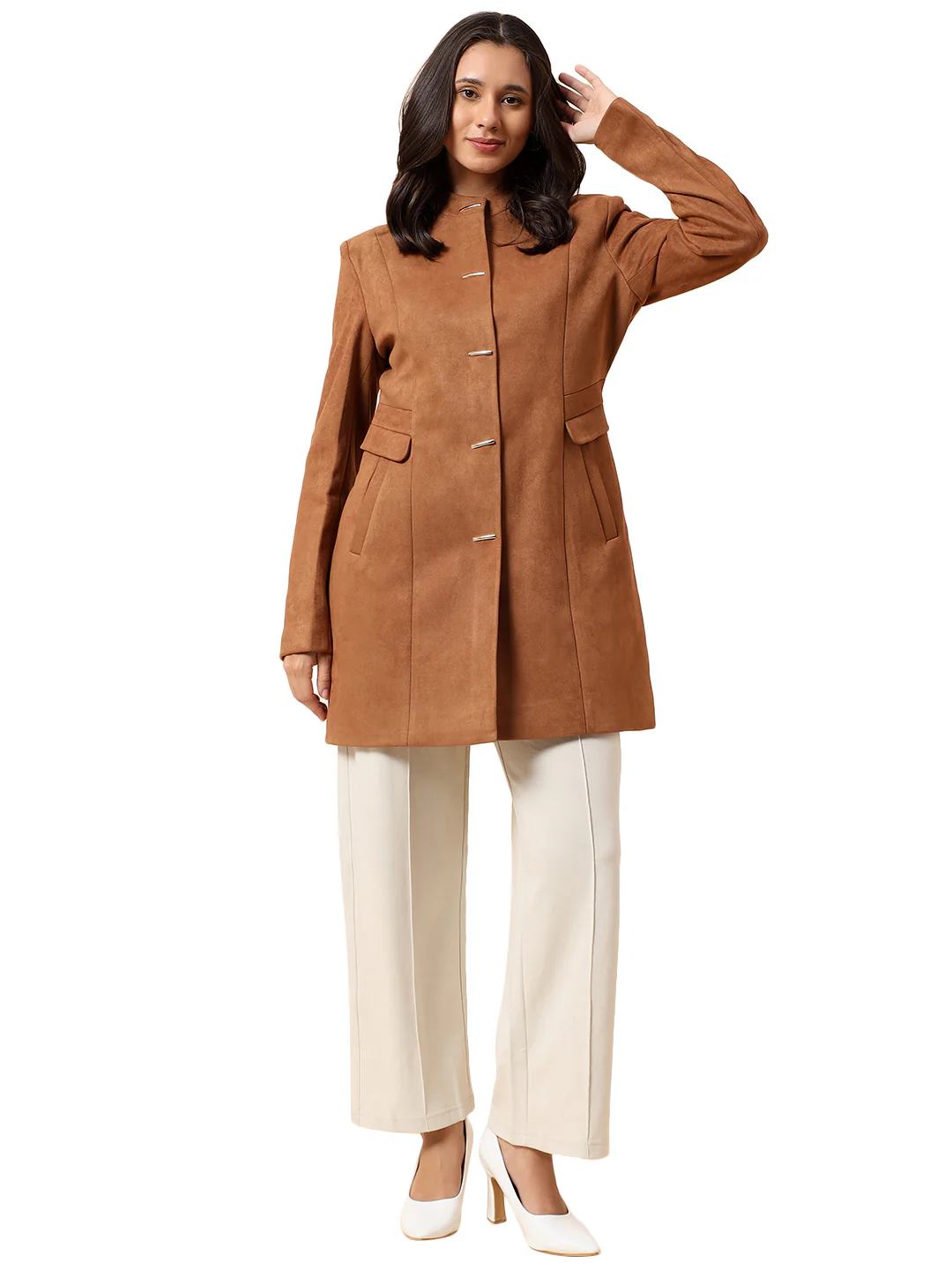 Cantabil Long Coat for Women l Premium Casual Long Coat Regular Fit Notched Collar Suede Fabric Solid Pattern - Image 9