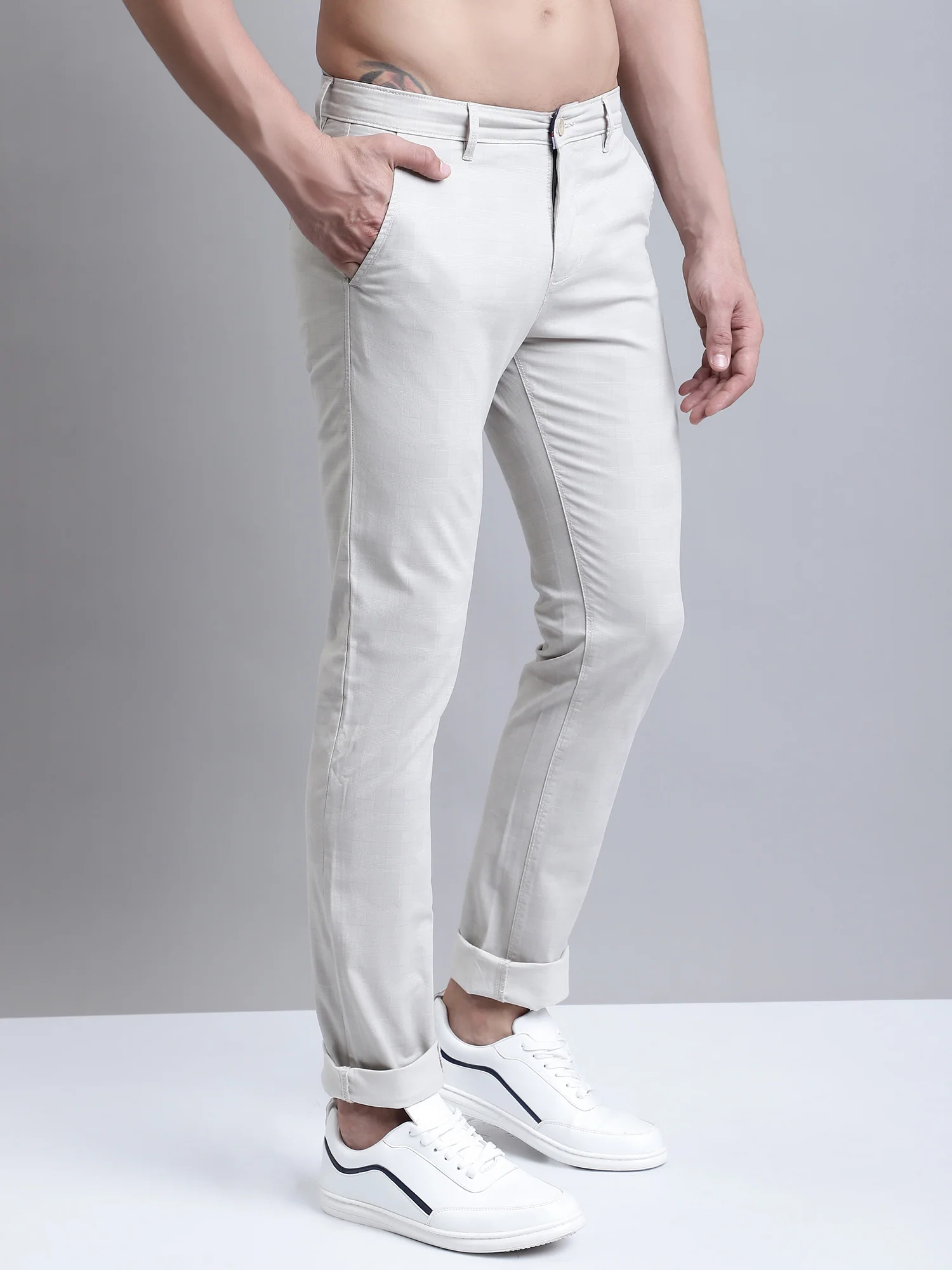 Men's Casual Flat front Beige  Trousers - Image 3
