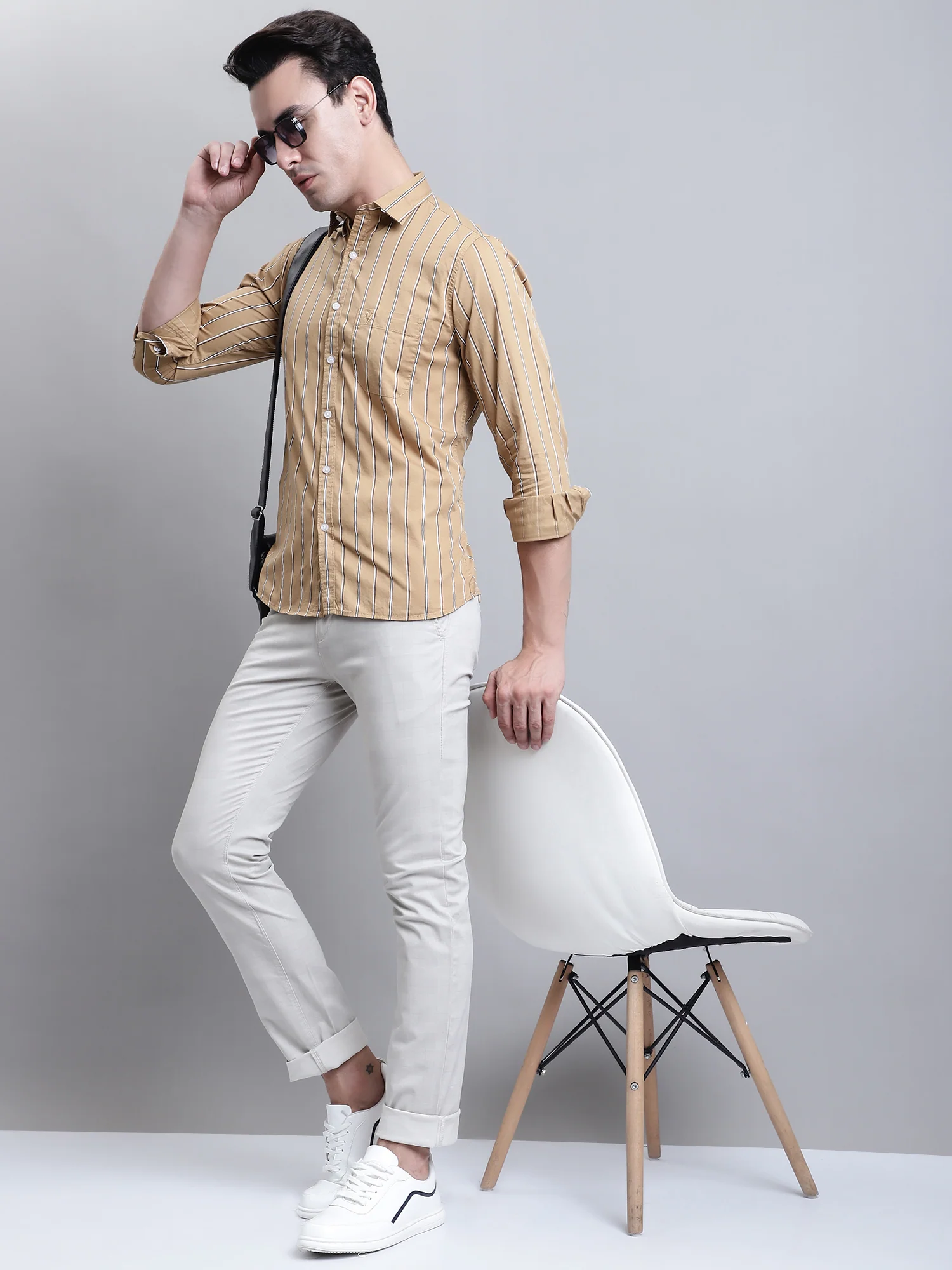 Men's Casual Flat front Beige  Trousers - Image 5