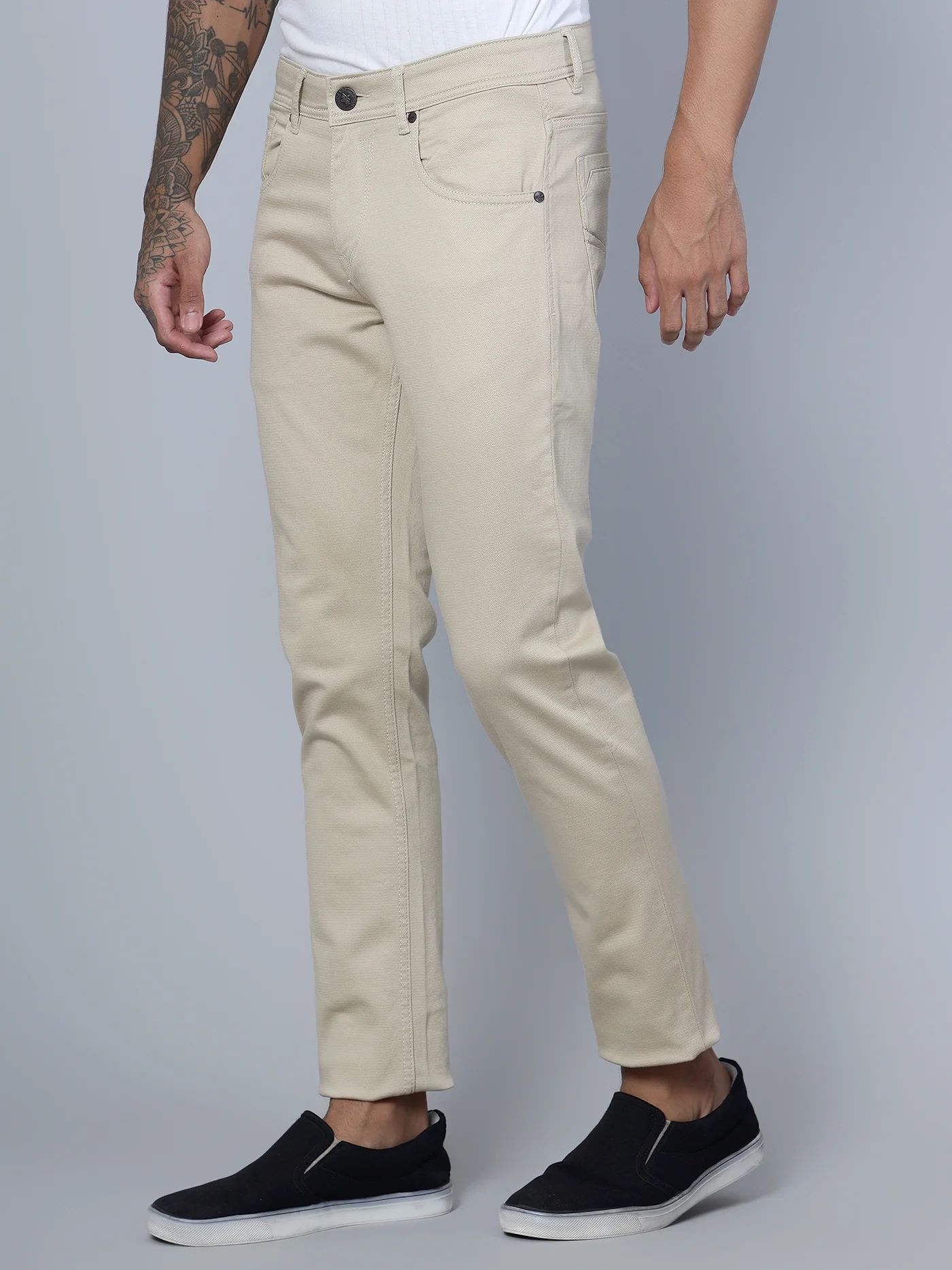Men's Casual Flat front Beige  Trousers - Image 2