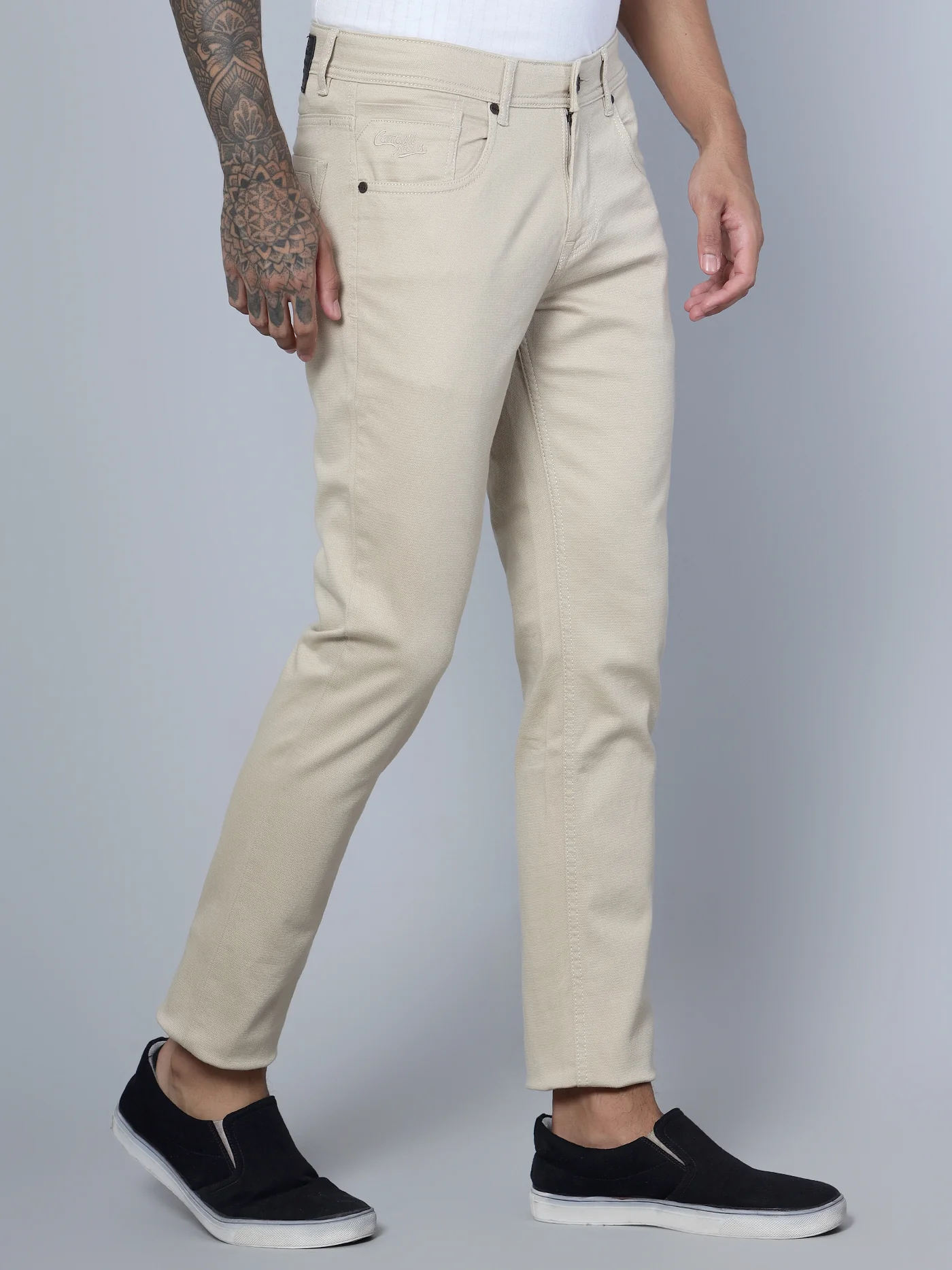 Men's Casual Flat front Beige  Trousers - Image 3