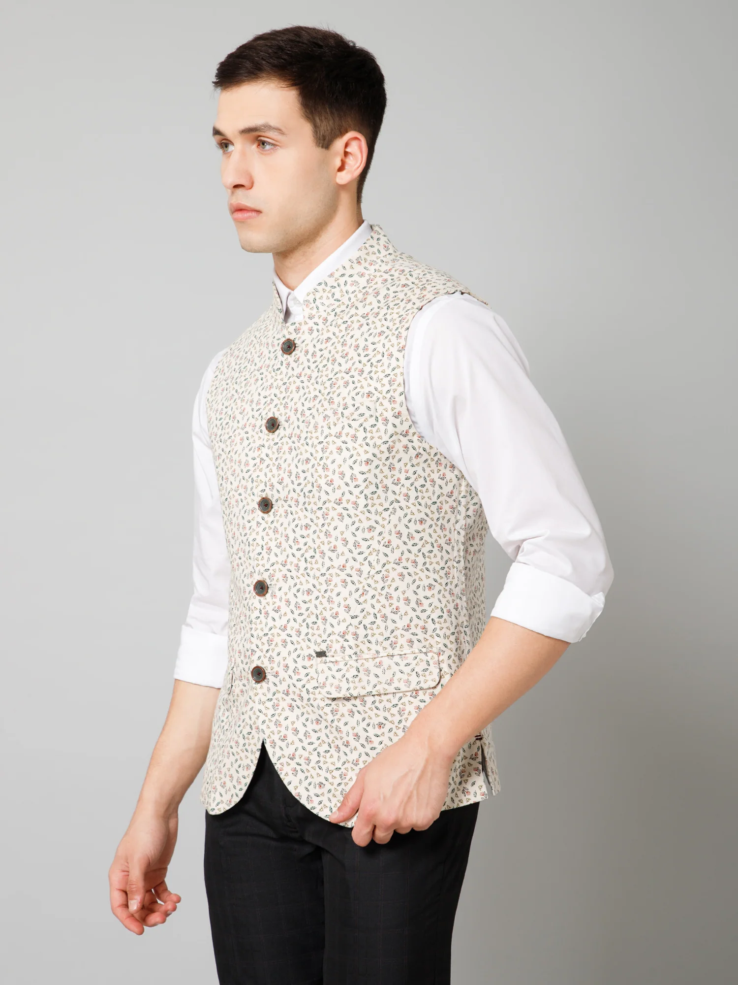 Men Beige Floral Printed Formal Band Collar Sleeveless Waist Coat - Image 2
