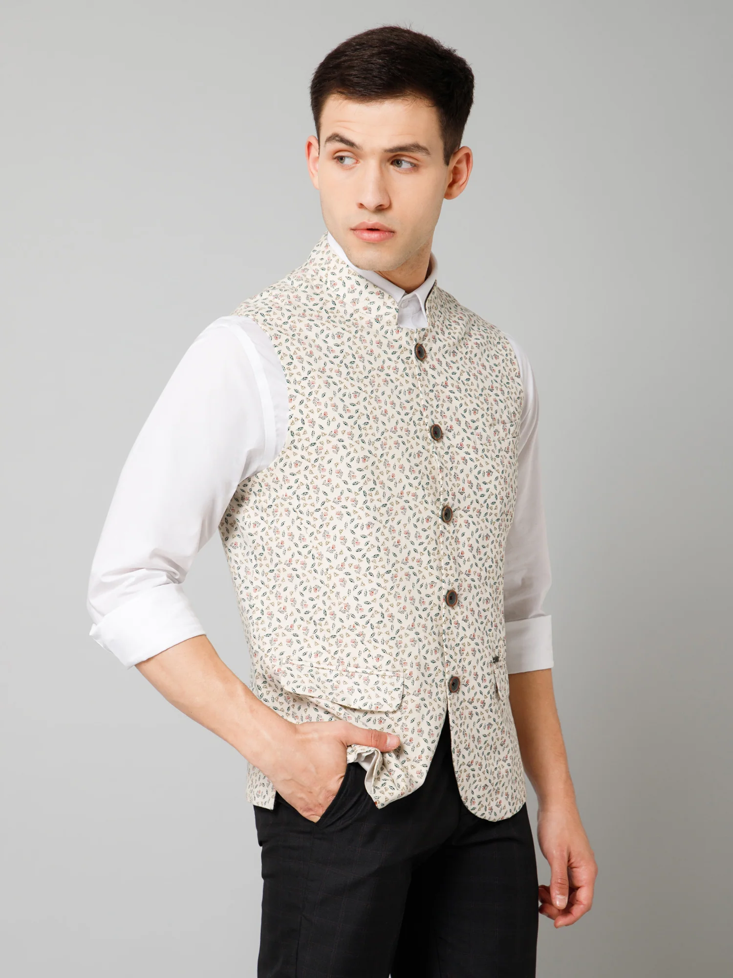 Men Beige Floral Printed Formal Band Collar Sleeveless Waist Coat - Image 3