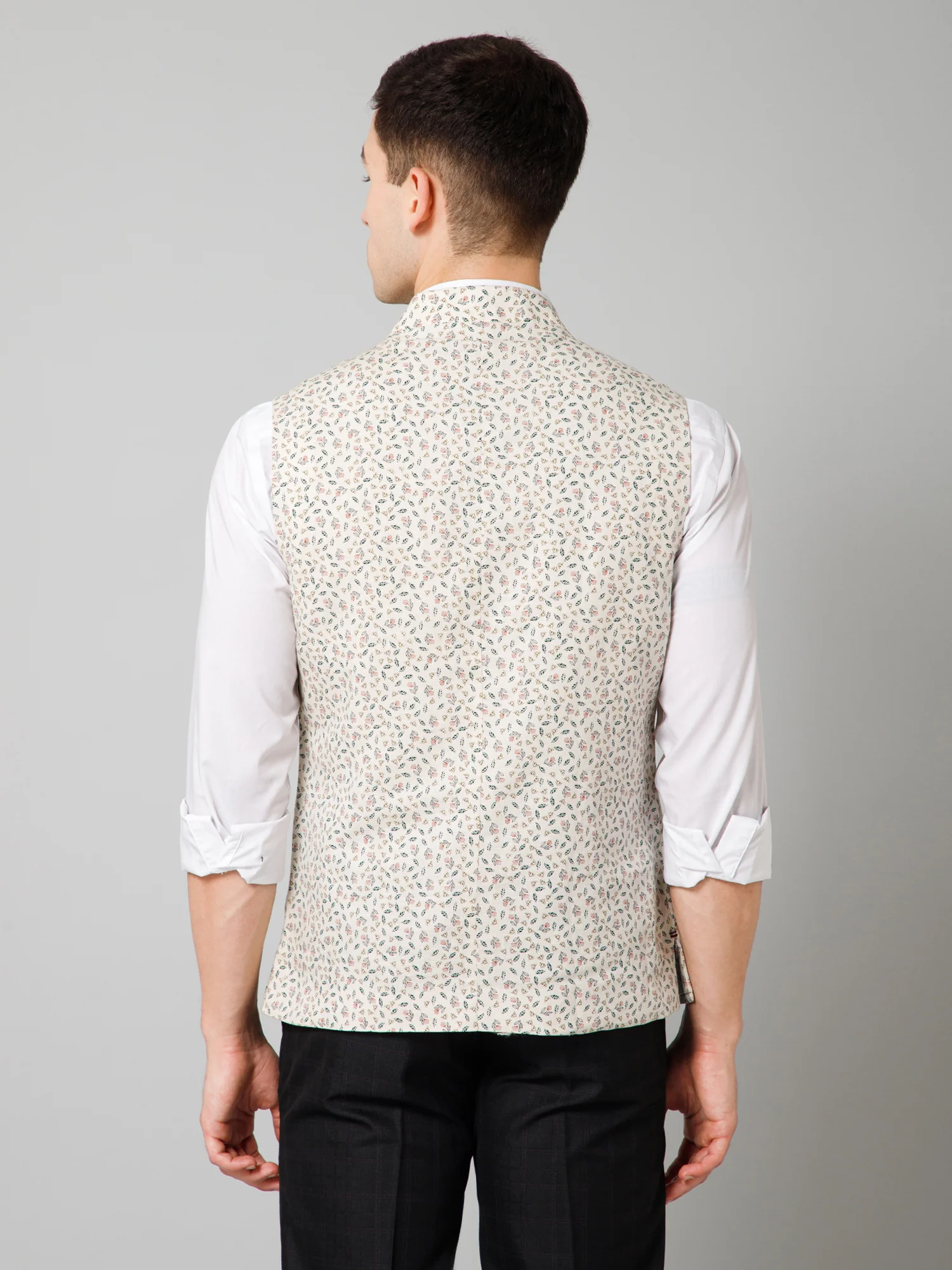 Men Beige Floral Printed Formal Band Collar Sleeveless Waist Coat - Image 4