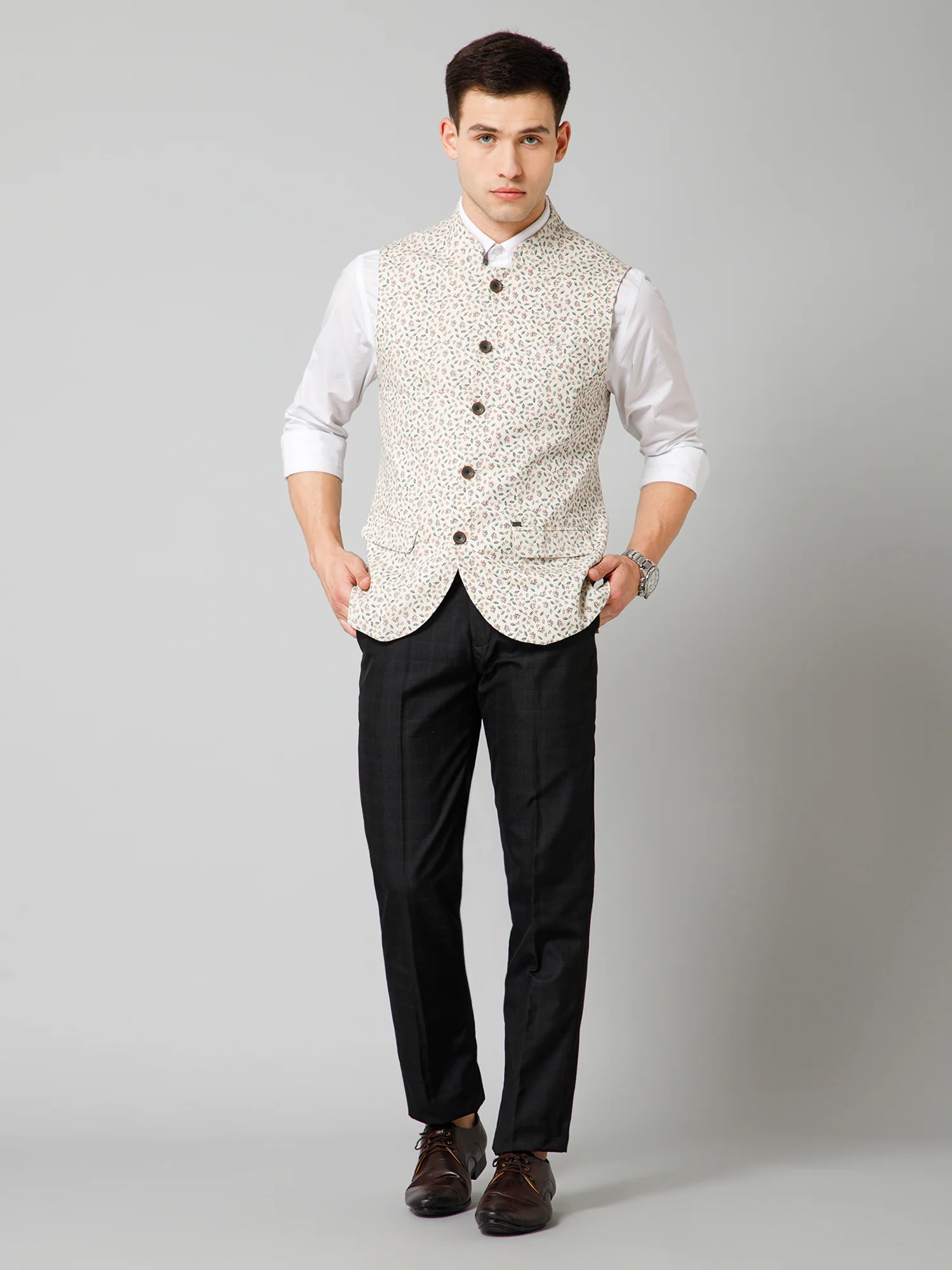 Men Beige Floral Printed Formal Band Collar Sleeveless Waist Coat - Image 5