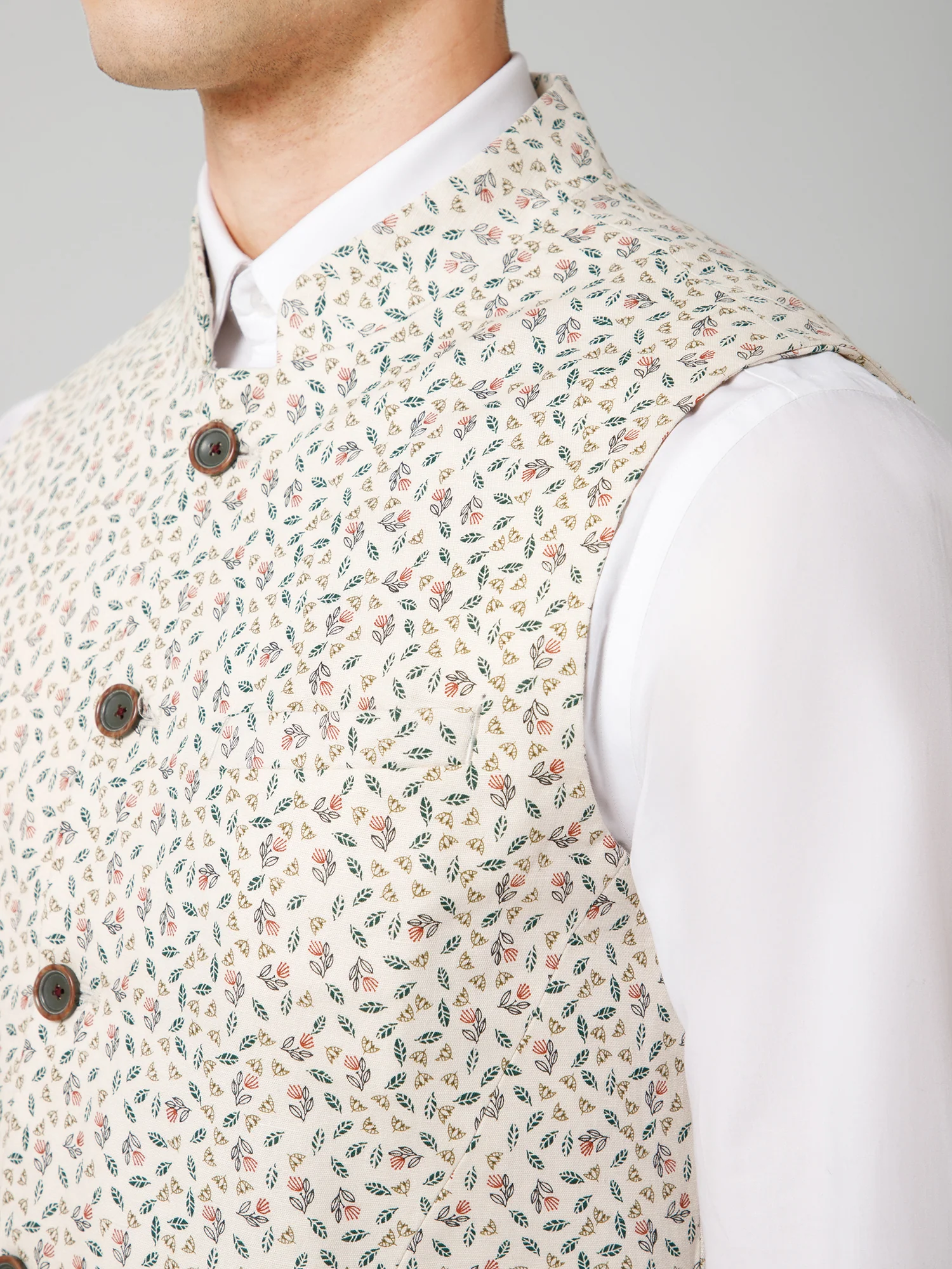 Men Beige Floral Printed Formal Band Collar Sleeveless Waist Coat - Image 6