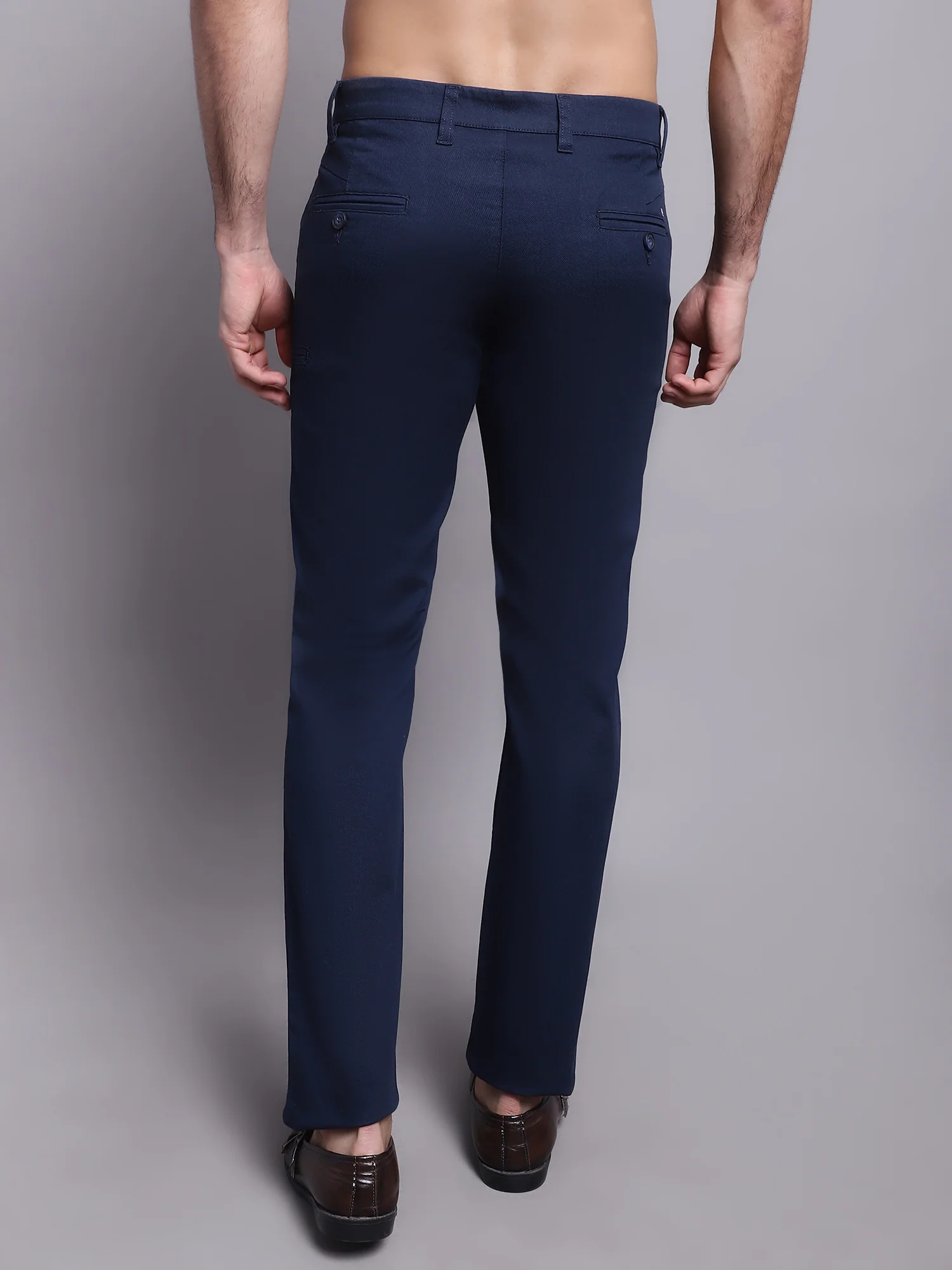 Men's Casual Flat front Navy Blue Trousers - Image 2