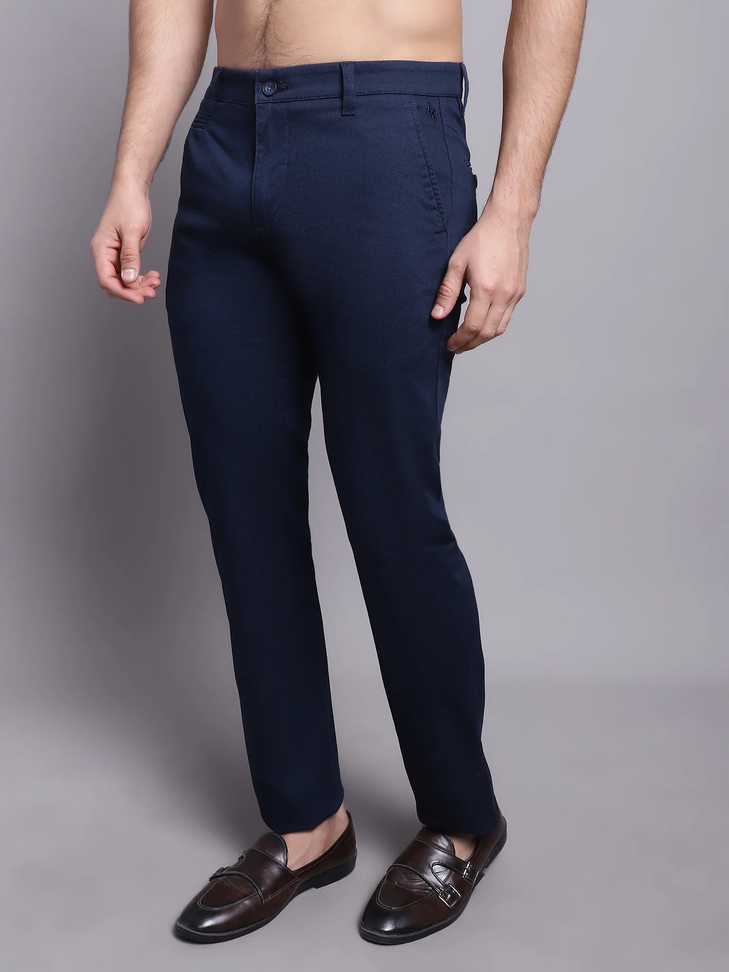 Men's Casual Flat front Navy Blue Trousers - Image 3