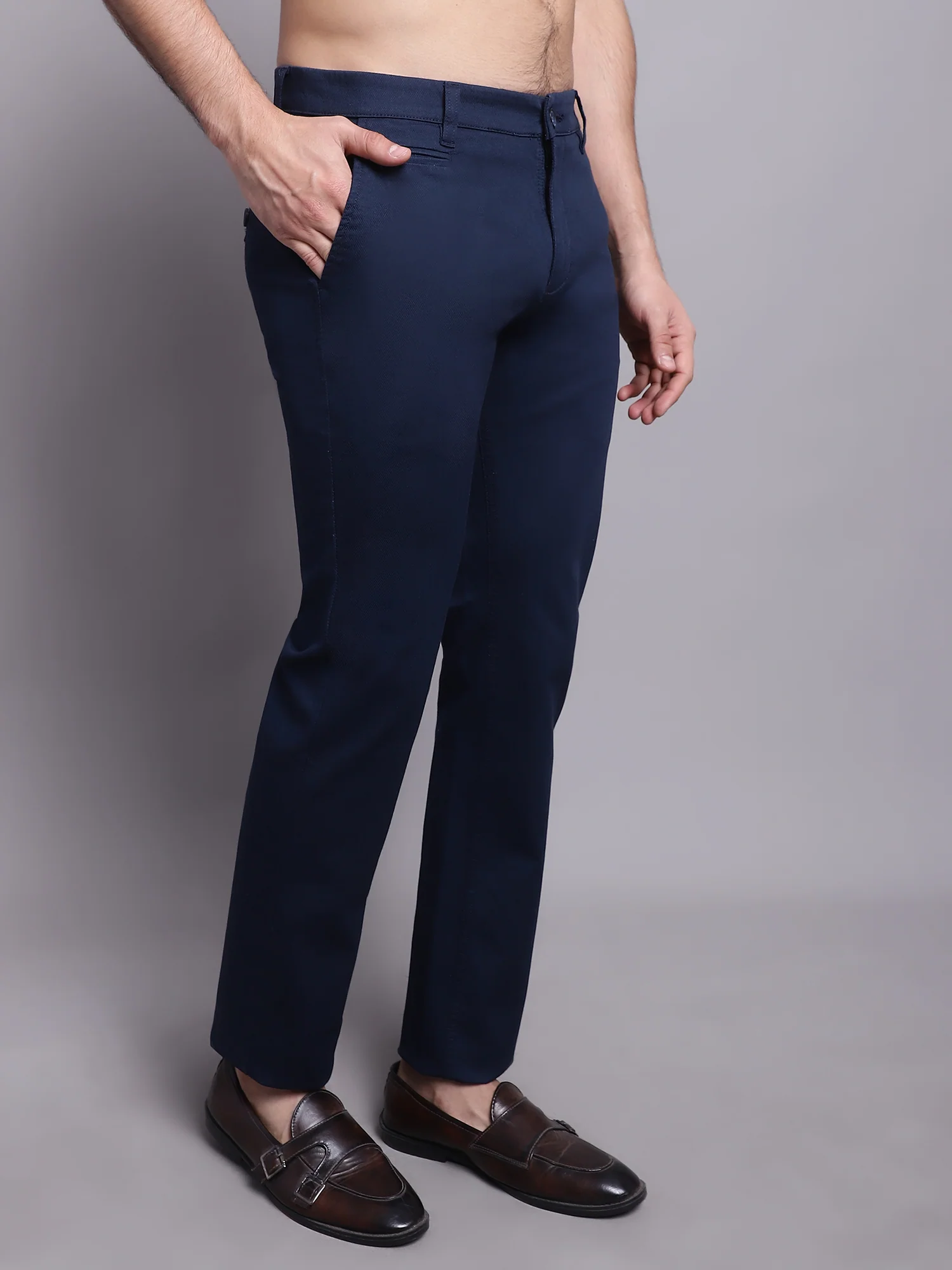 Men's Casual Flat front Navy Blue Trousers - Image 4