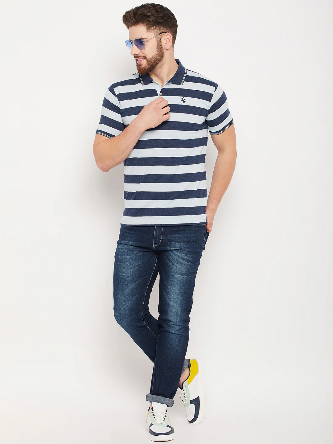 T-Shirt for Men | Breathable & Soft with Color Fastness Regular Fit Polo Neck Poly Cotton Fabric Striped Pattern - Image 2