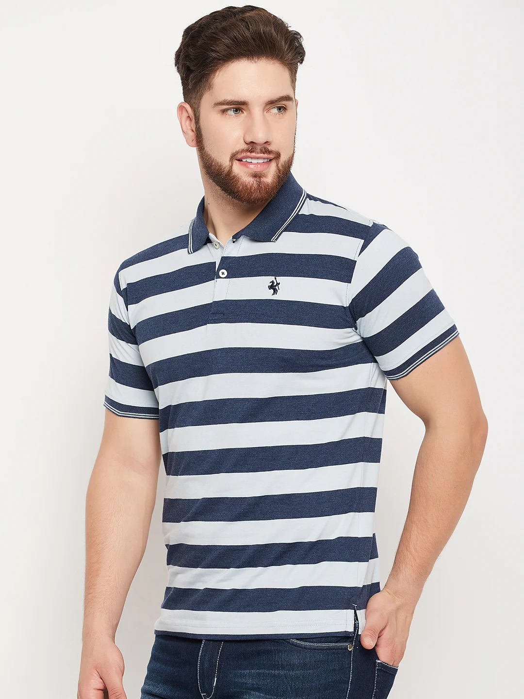 T-Shirt for Men | Breathable & Soft with Color Fastness Regular Fit Polo Neck Poly Cotton Fabric Striped Pattern - Image 3
