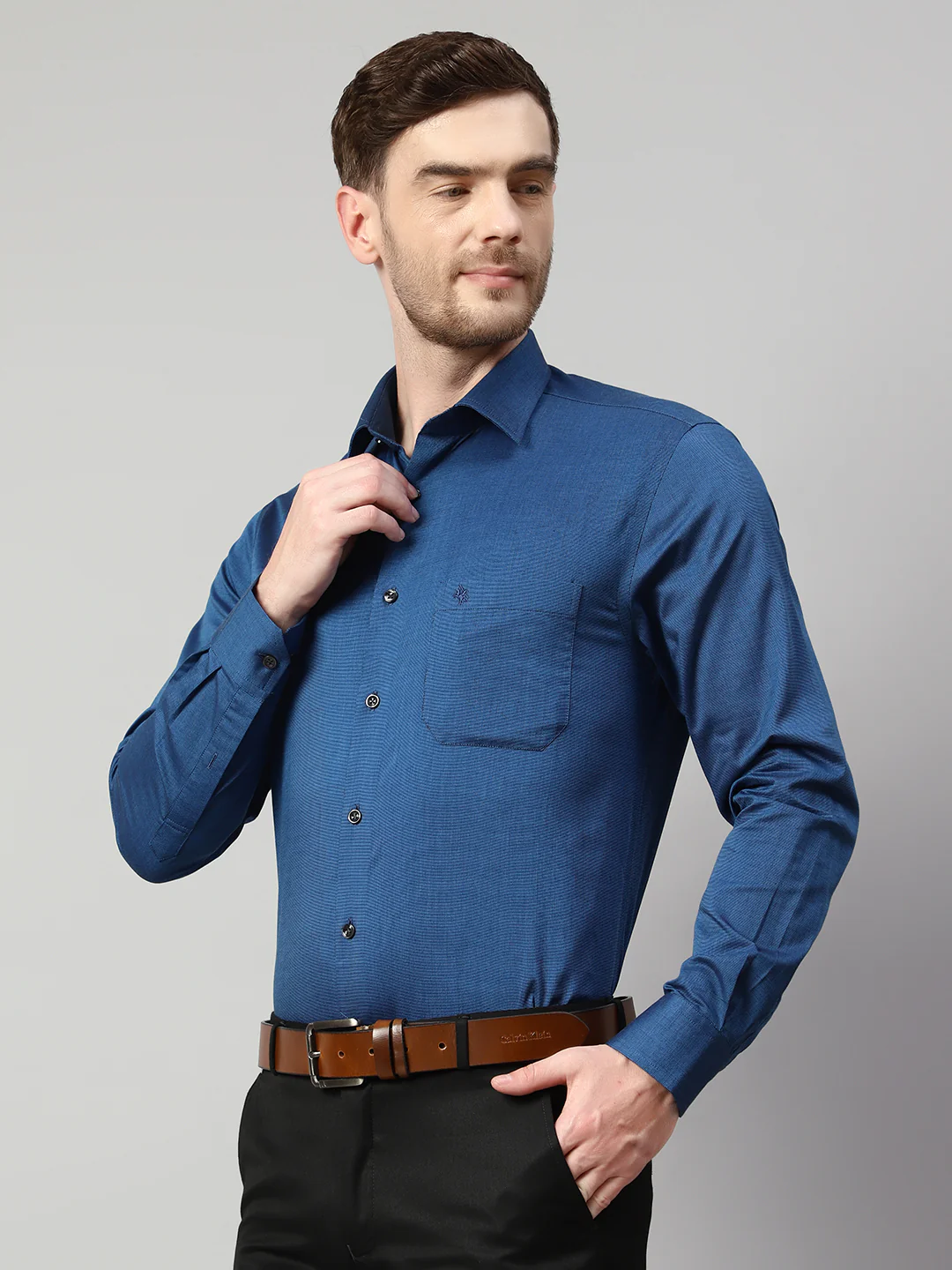 Men's Blue Formal Fil a Fil Plain Full Sleeve Shirt - Image 3