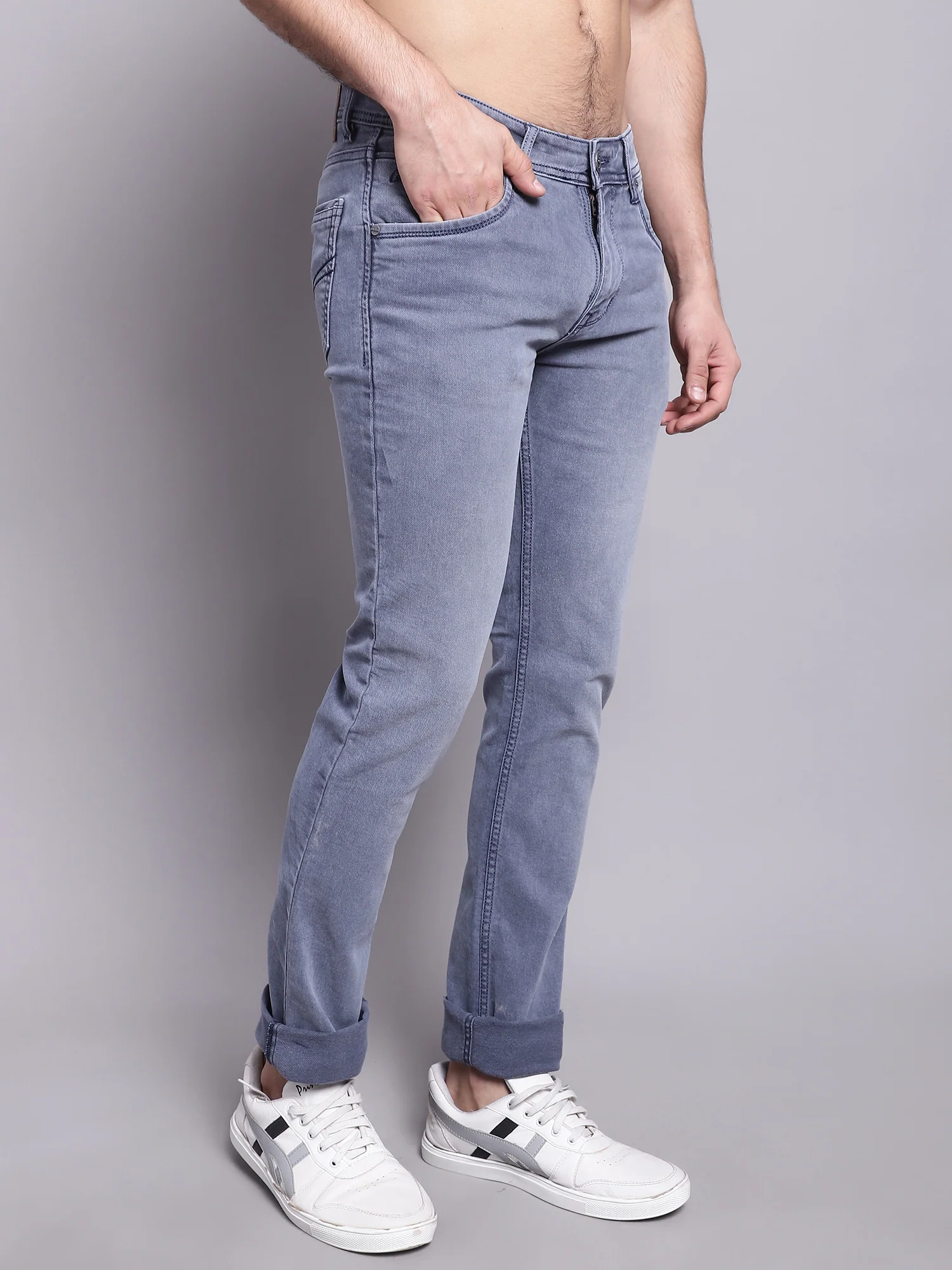 Denim Jeans for Men l Breathable & Soft with Color Fastness Ultra Narrow Fit Cotton Fabric Solid Pattern Button Closure - Image 4