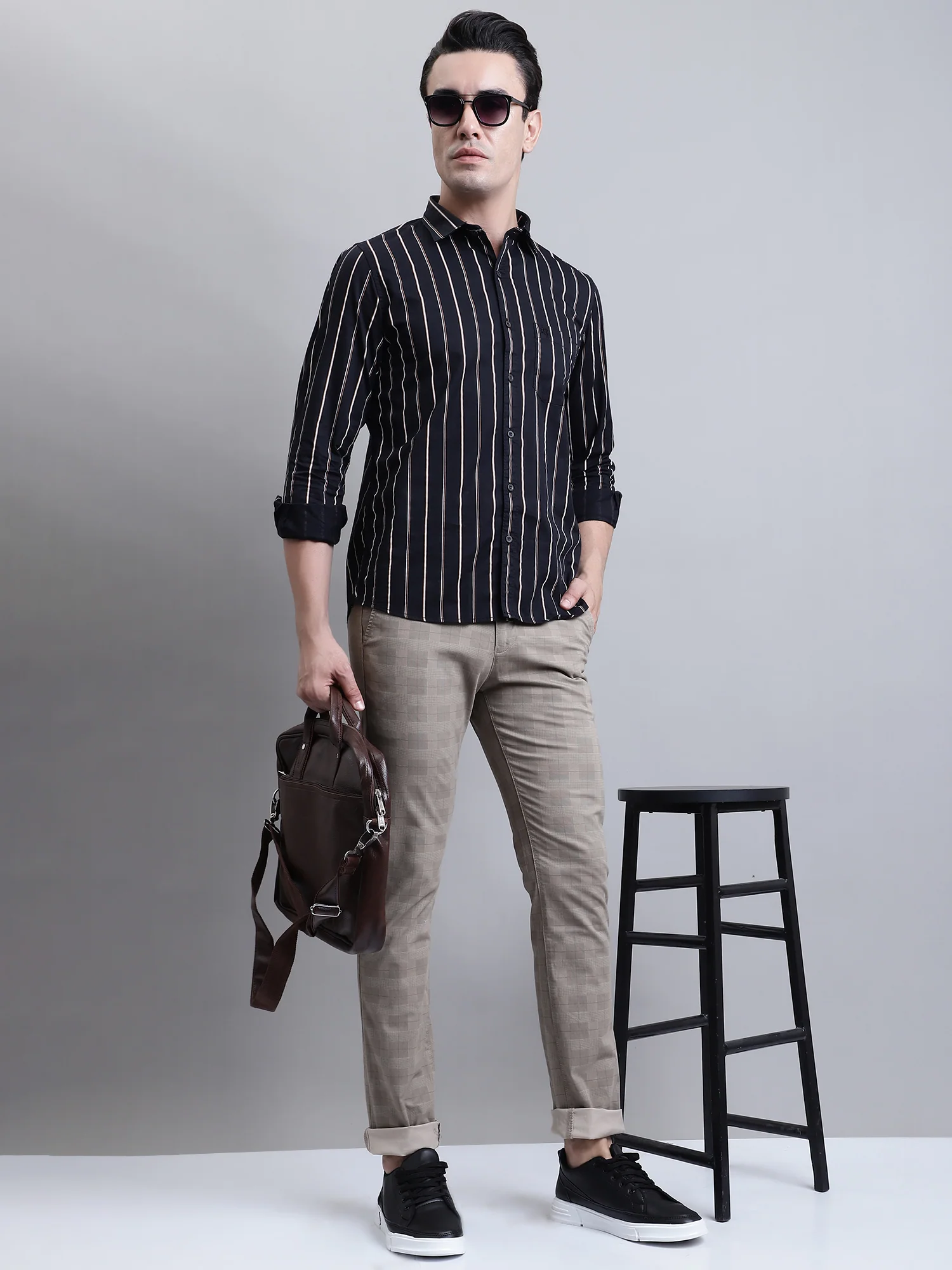 Men's Casual Flat front Brown Printed Trousers - Image 5