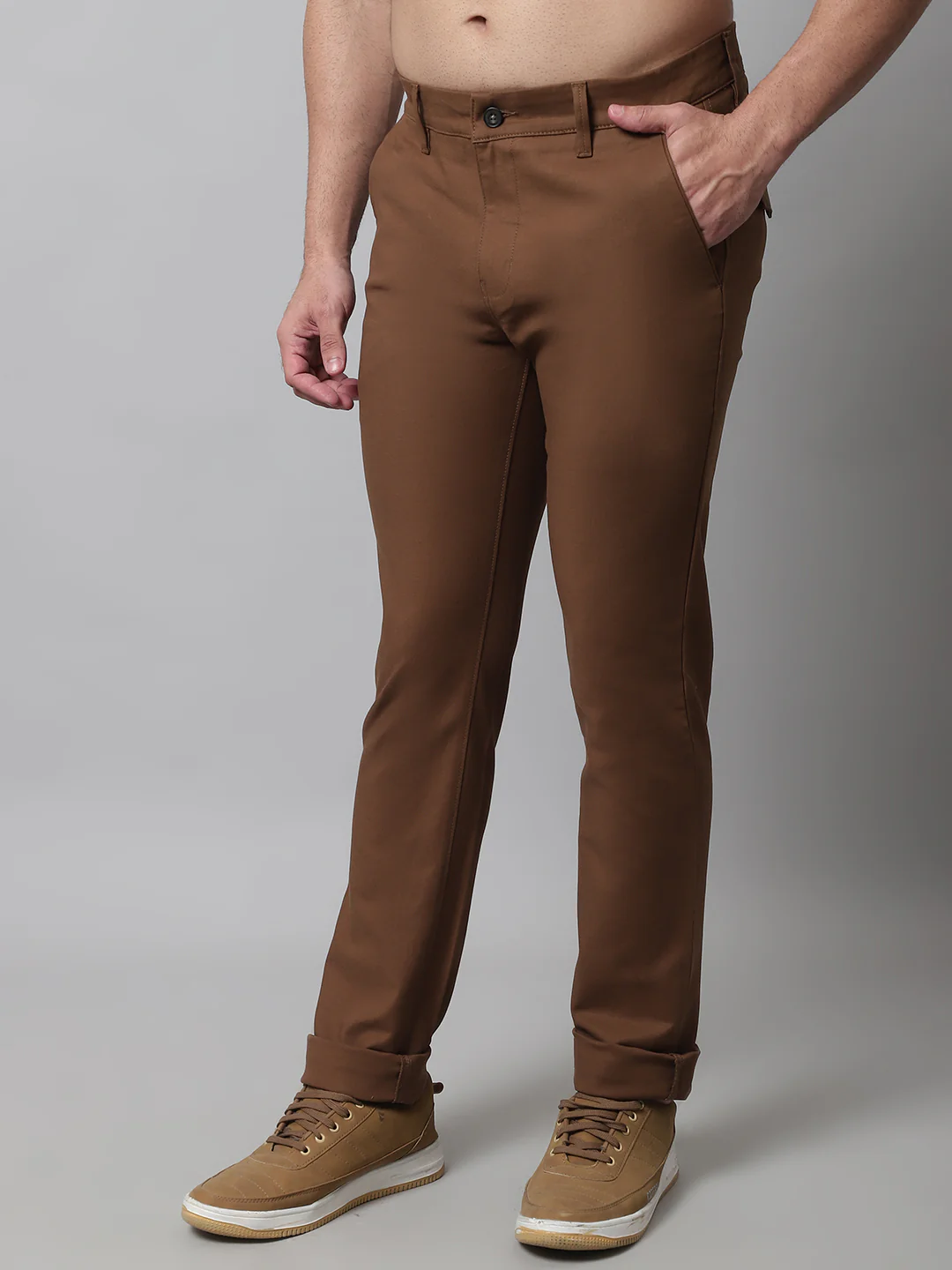 Men's Casual Flat front Brown  Trousers - Image 3
