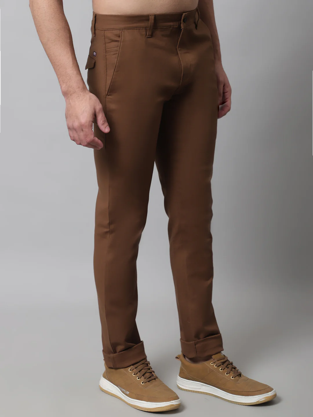 Men's Casual Flat front Brown  Trousers - Image 4