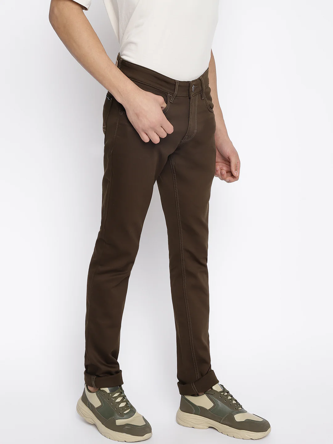 Men's Casual Flat front Brown  Trousers - Image 3