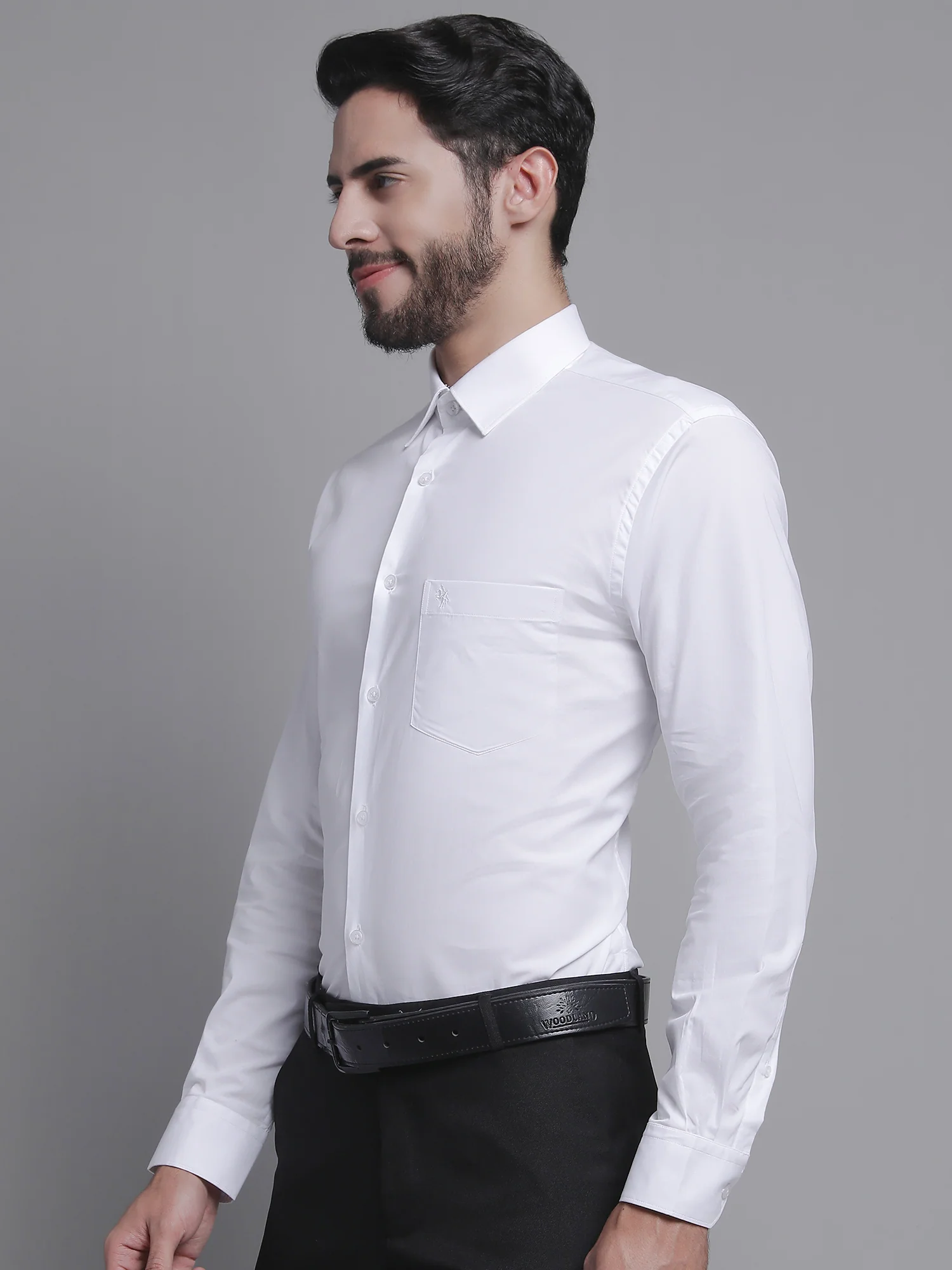 Men's White Formal Plain Stretch Full Sleeve Shirt - Image 3