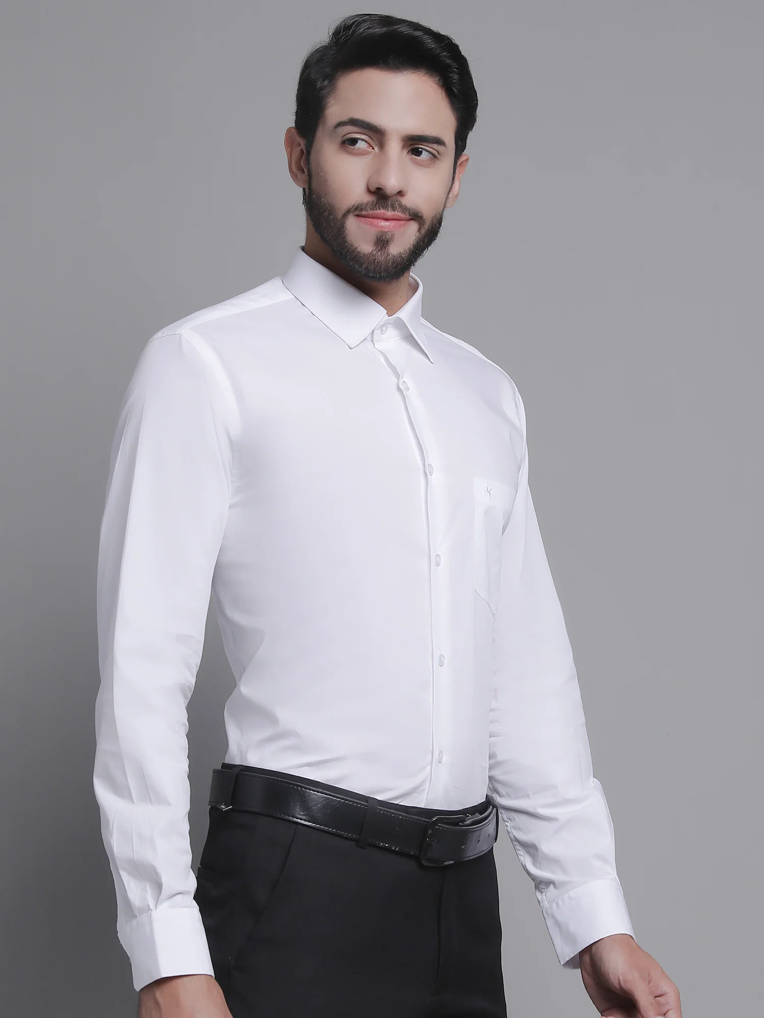 Men's White Formal Plain Stretch Full Sleeve Shirt - Image 4