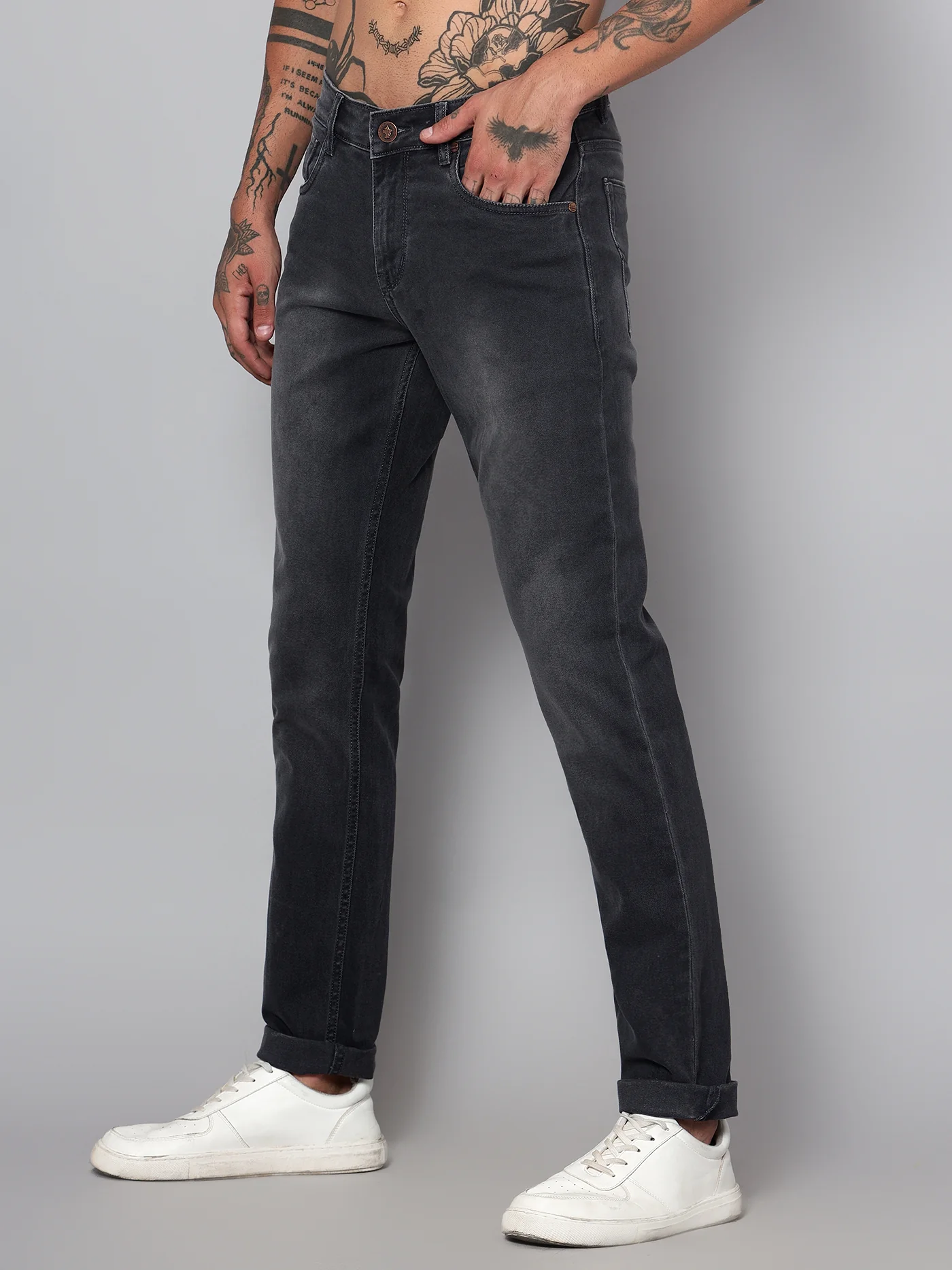 Denim Jeans for Men l Breathable & Soft with Color Fastness Ultra Narrow Fit Cotton Fabric Solid Pattern Button Closure - Image 2