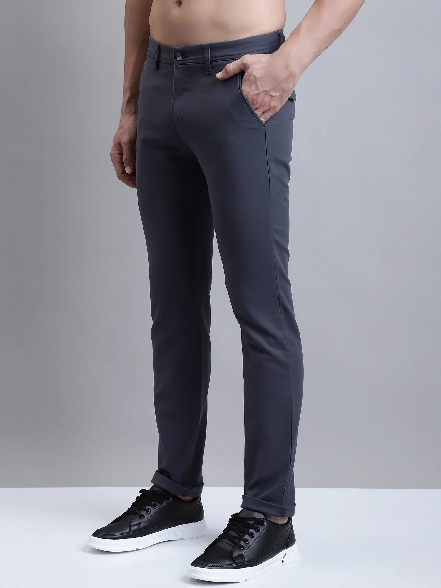 Men's Casual Flat front Dark Grey  Trousers - Image 2