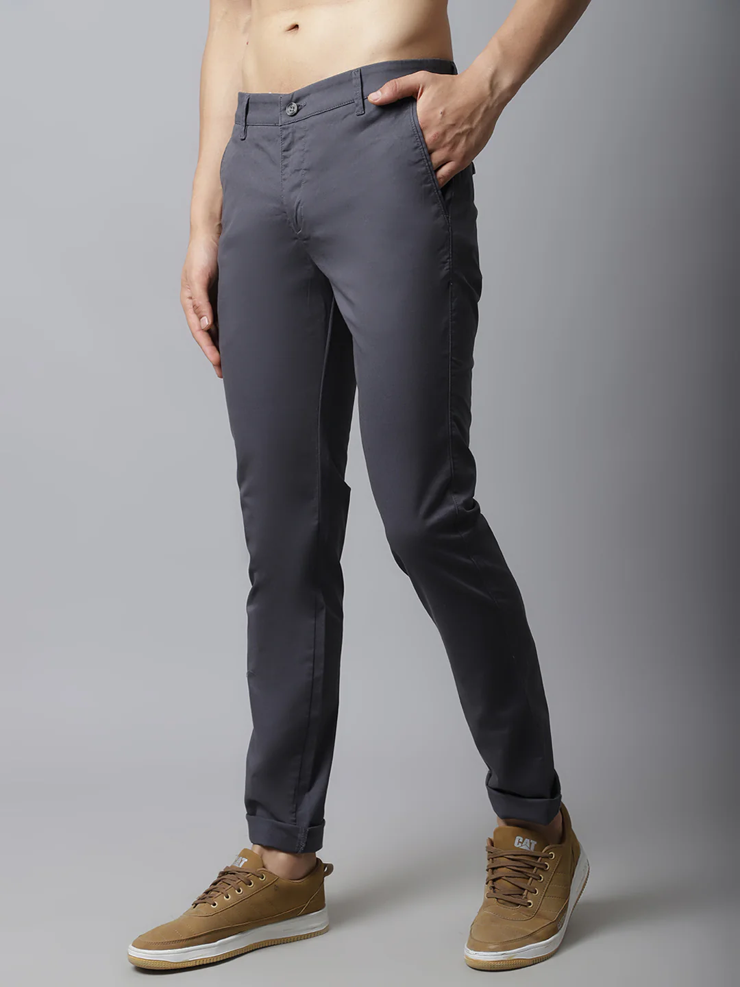 Men's Casual Flat front Dark Grey  Trousers - Image 3
