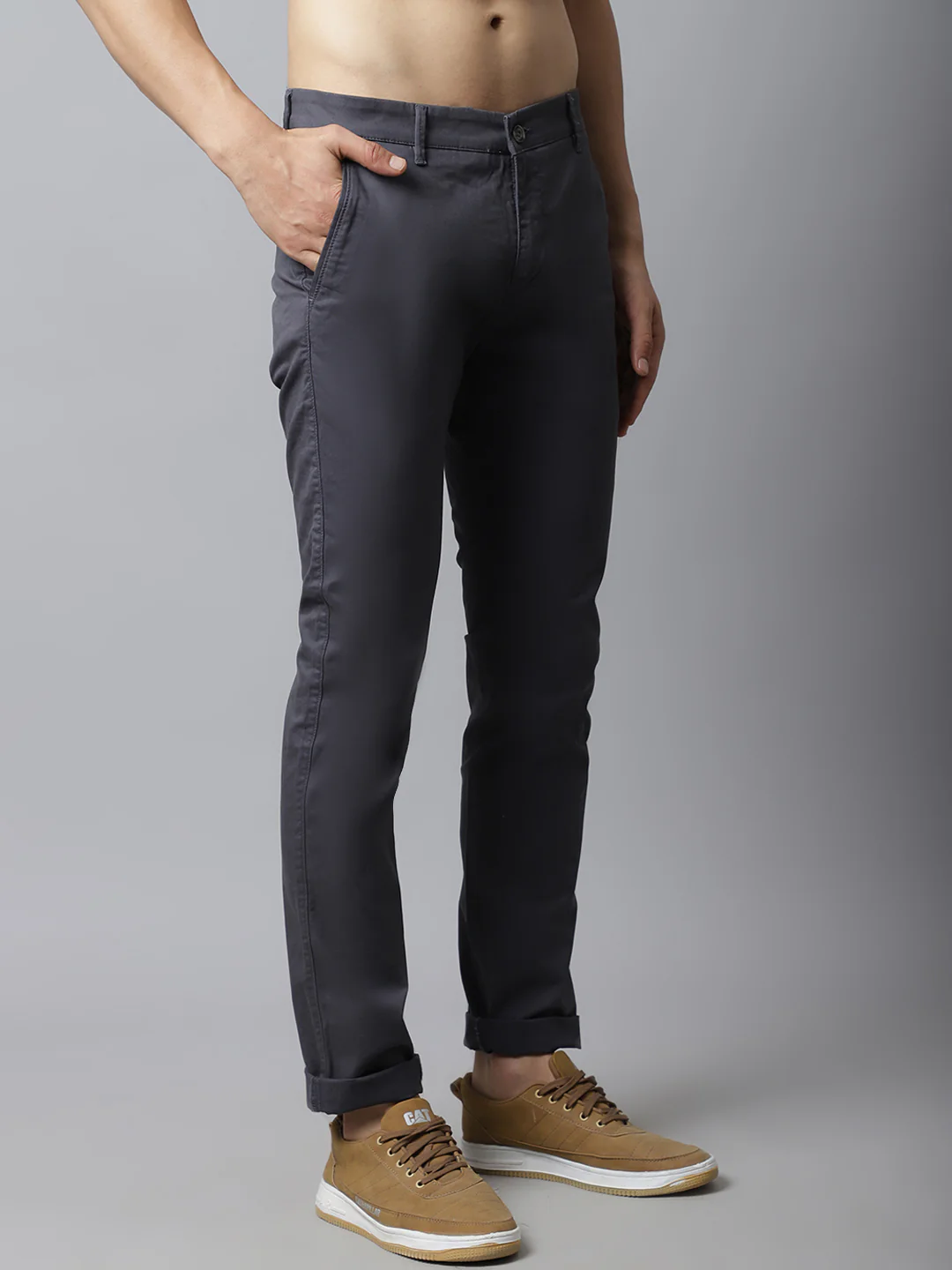 Men's Casual Flat front Dark Grey  Trousers - Image 4