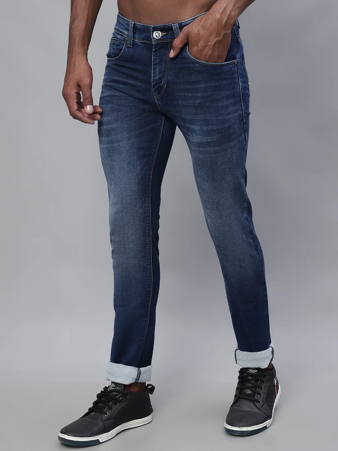 Denim Jeans for Men l Breathable & Soft with Color Fastness Ultra Narrow Fit Cotton Fabric Solid Pattern Button Closure - Image 3