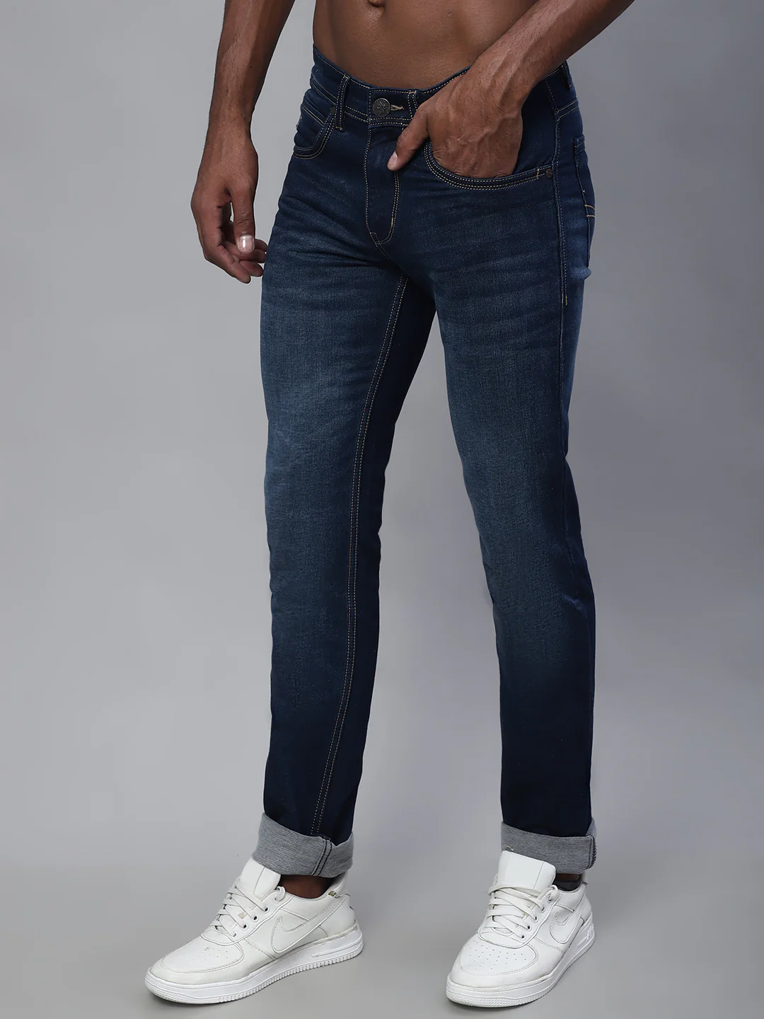 Denim Jeans for Men l Breathable & Soft with Color Fastness Ultra Narrow Fit Cotton Fabric Solid Pattern Button Closure - Image 3