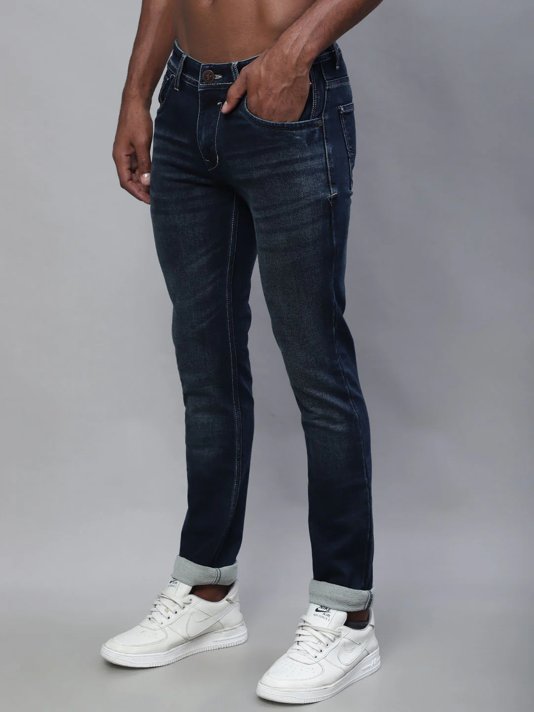 Denim Jeans for Men l Breathable & Soft with Color Fastness Ultra Narrow Fit Cotton Fabric Solid Pattern Button Closure - Image 3