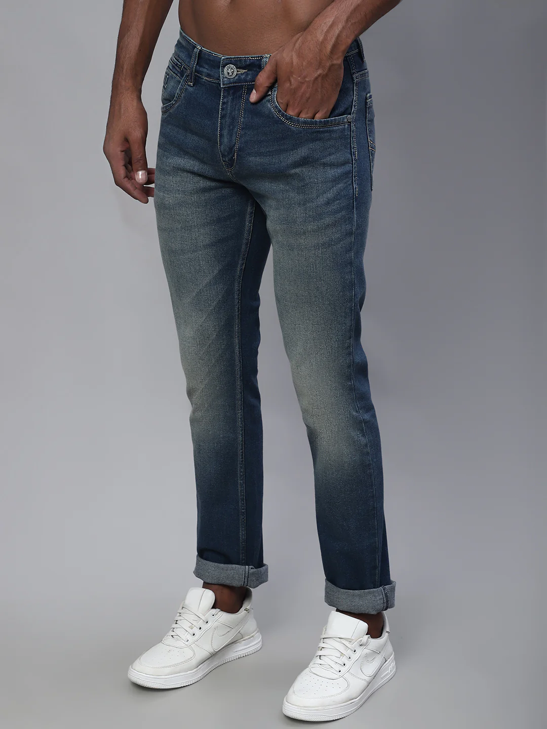Denim Jeans for Men l Breathable & Soft with Color Fastness Ultra Narrow Fit Cotton Fabric Solid Pattern Button Closure - Image 3