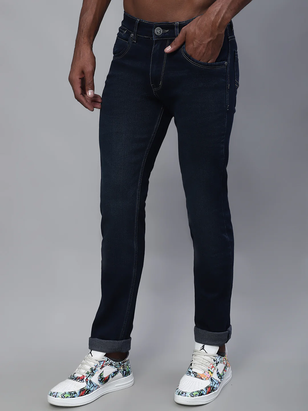 Denim Jeans for Men l Breathable & Soft with Color Fastness Ultra Narrow Fit Cotton Fabric Solid Pattern Button Closure - Image 3