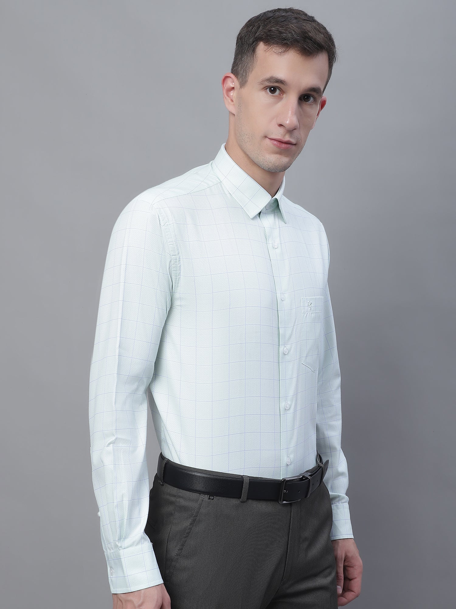 Men's Light Green Formal Medium Checks Textured Full Sleeve Shirt - Image 4
