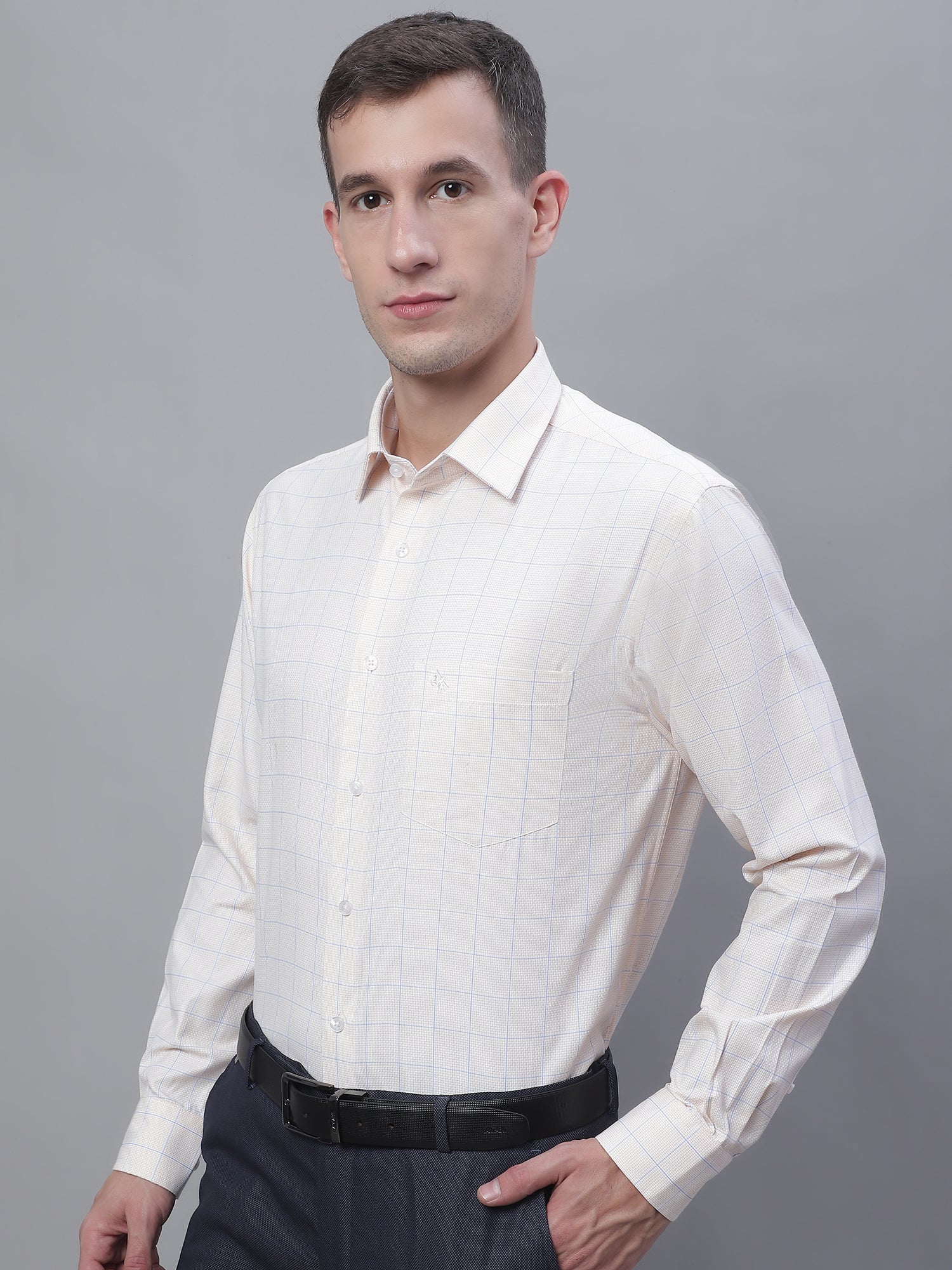 Men's Light Yellow Formal Medium Checks Textured Full Sleeve Shirt - Image 3