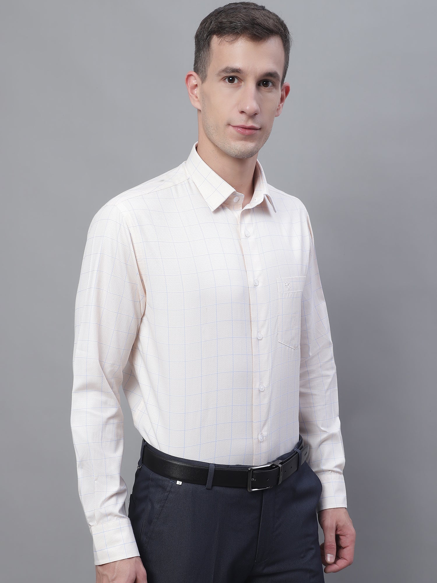 Men's Light Yellow Formal Medium Checks Textured Full Sleeve Shirt - Image 4