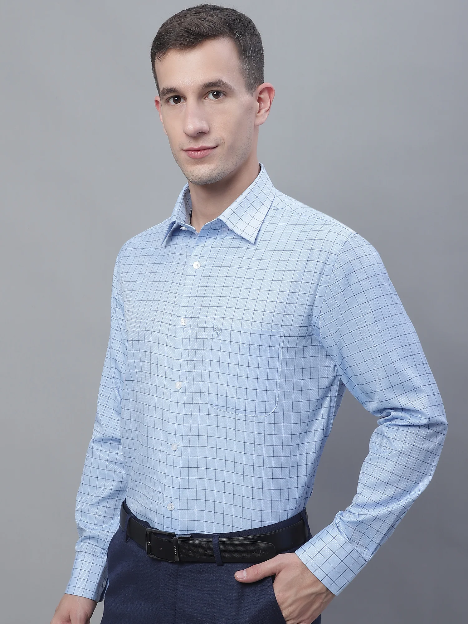 Men's Light Blue Formal Medium Checks Textured Full Sleeve Shirt - Image 3