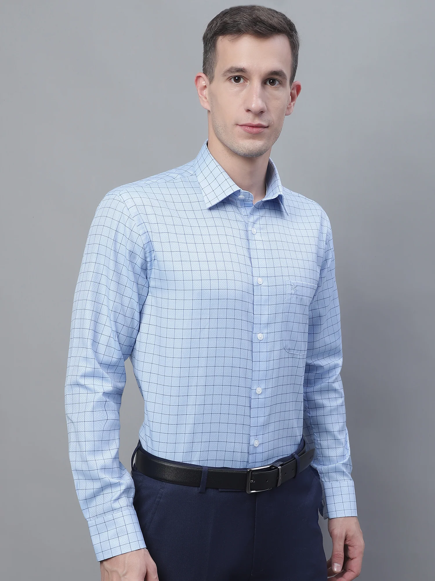 Men's Light Blue Formal Medium Checks Textured Full Sleeve Shirt - Image 4