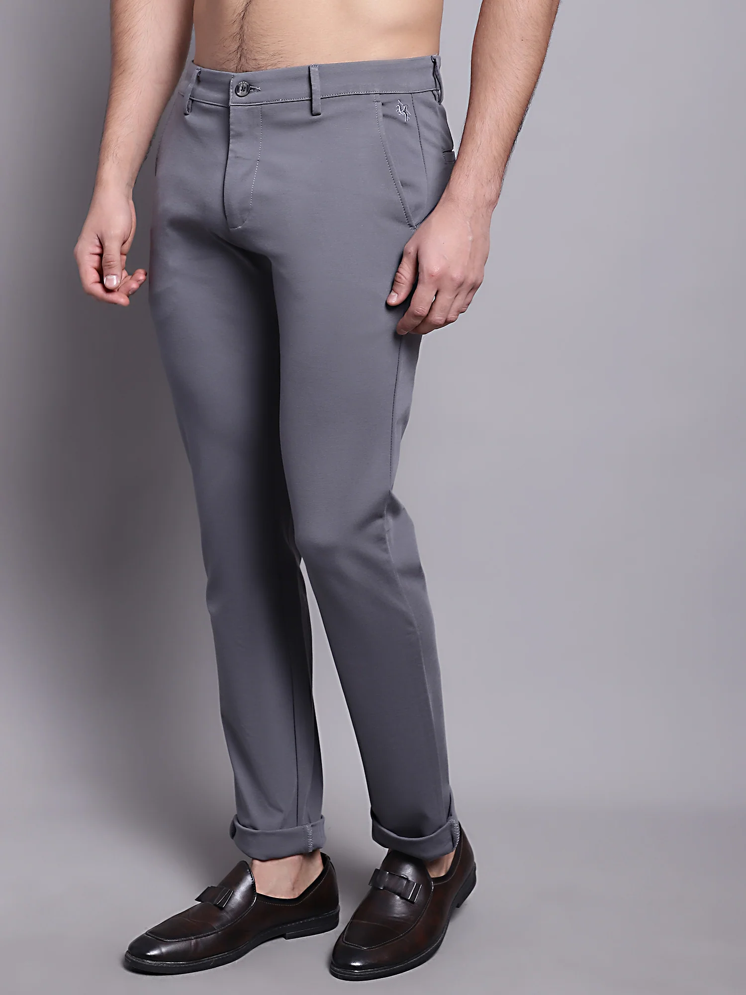 Men's Casual Flat front Grey  Trousers - Image 3