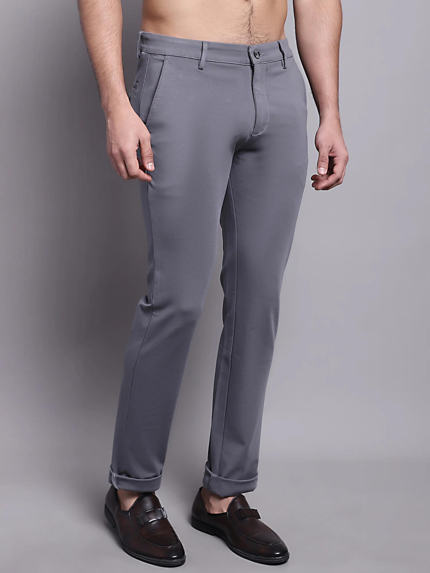 Men's Casual Flat front Grey  Trousers - Image 4