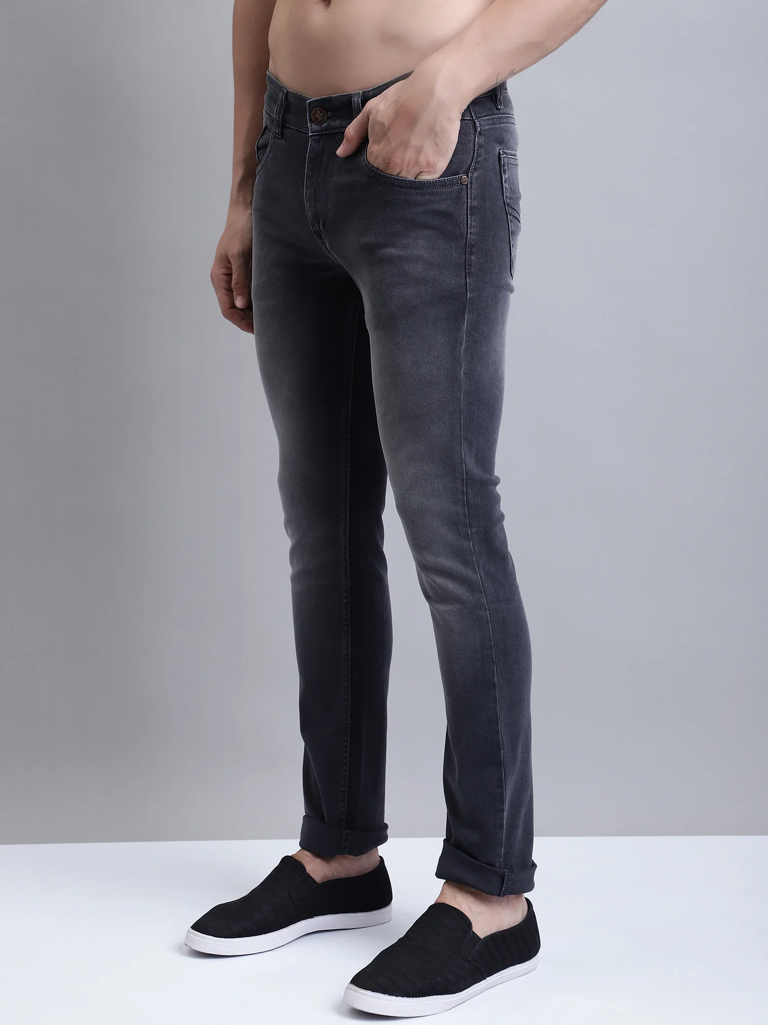 Denim Jeans for Men l Breathable & Soft with Color Fastness Ultra Narrow Fit Cotton Fabric Solid Pattern Button Closure - Image 2