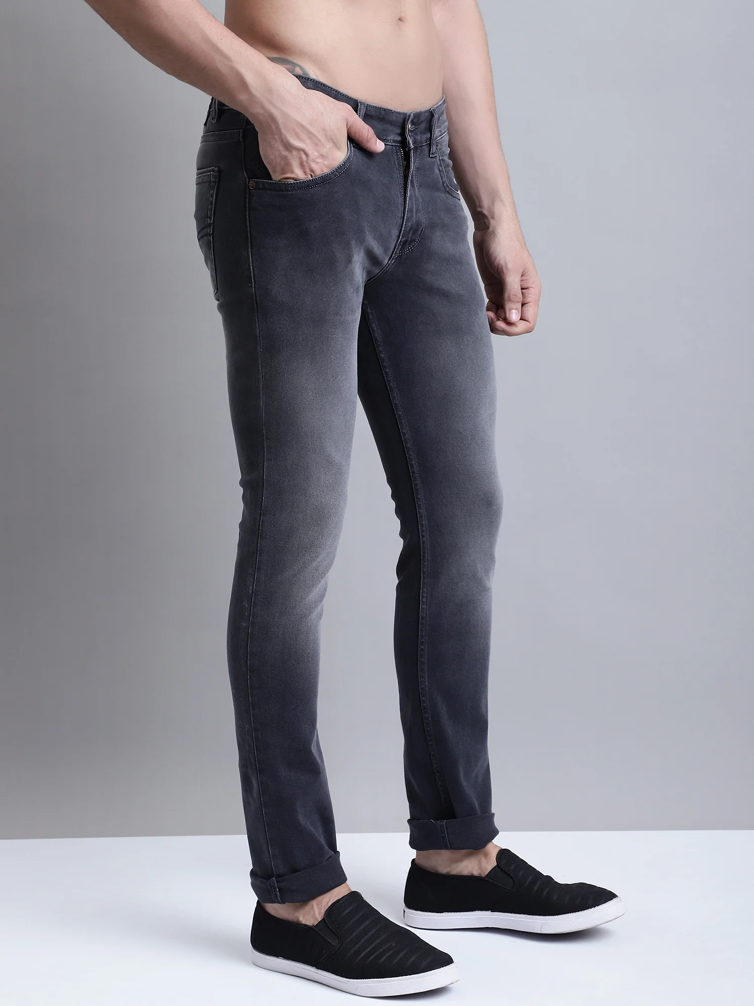 Denim Jeans for Men l Breathable & Soft with Color Fastness Ultra Narrow Fit Cotton Fabric Solid Pattern Button Closure - Image 3