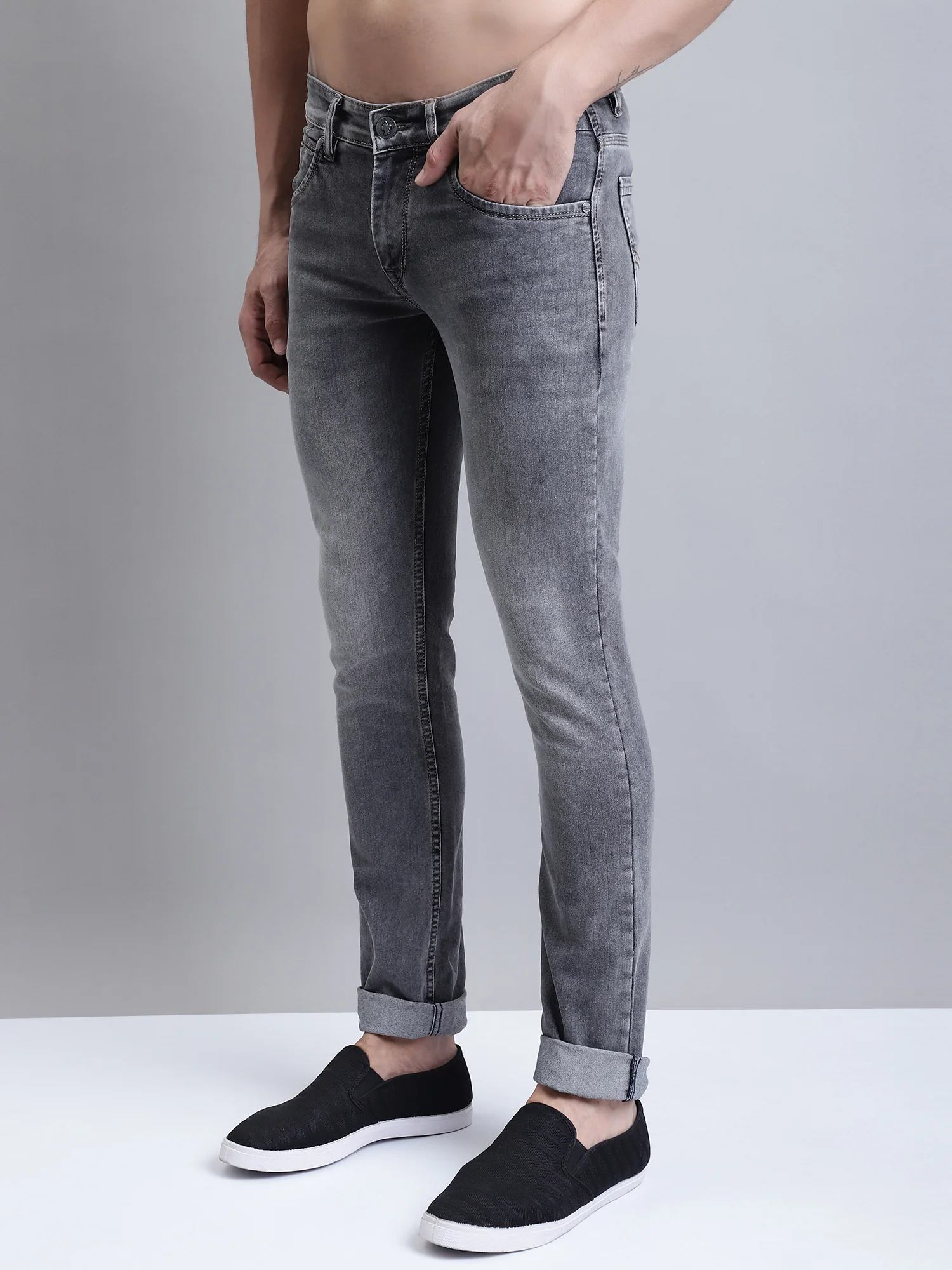 Denim Jeans for Men l Breathable & Soft with Color Fastness Ultra Narrow Fit Cotton Fabric Solid Pattern Button Closure - Image 2