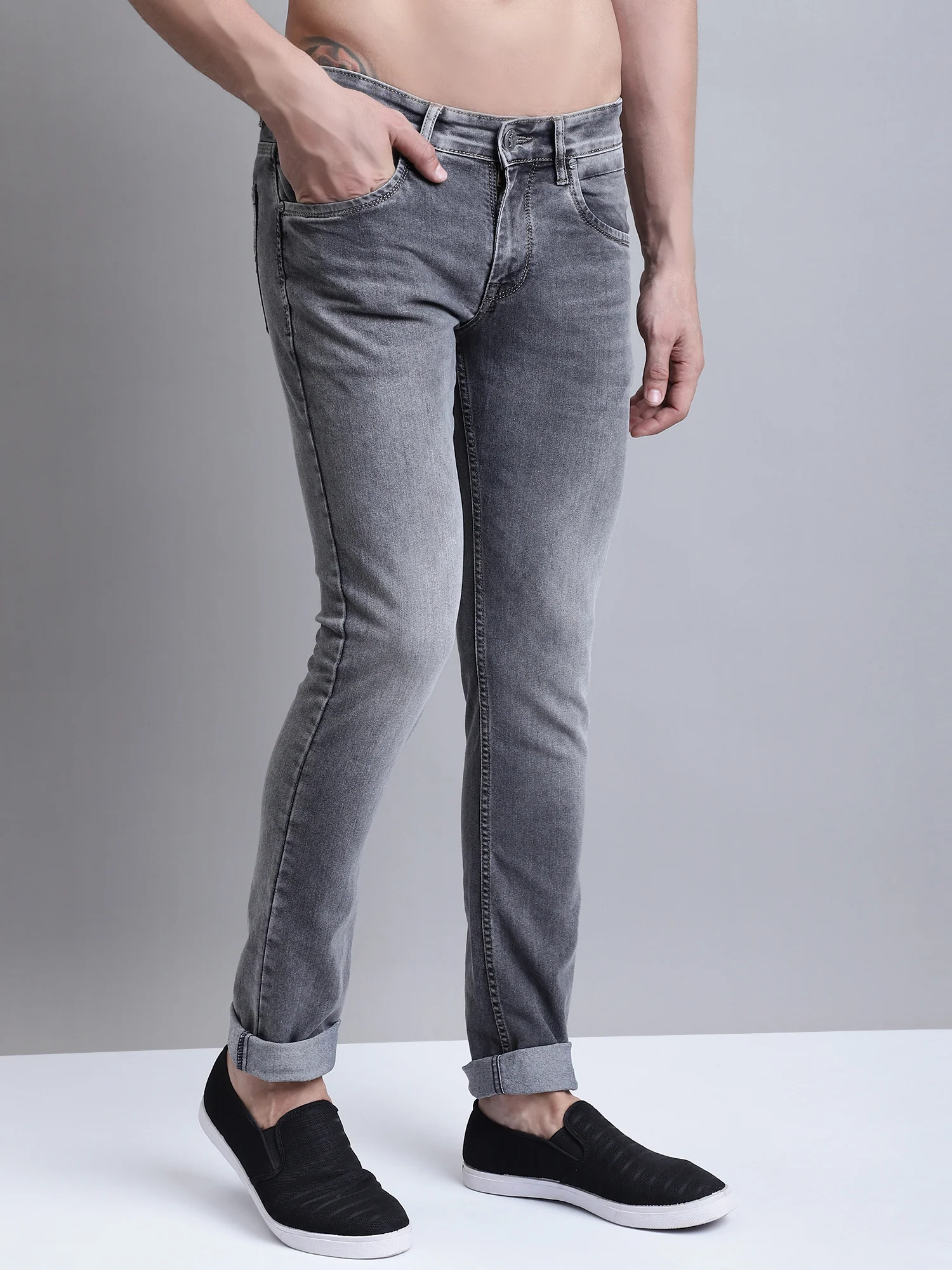 Denim Jeans for Men l Breathable & Soft with Color Fastness Ultra Narrow Fit Cotton Fabric Solid Pattern Button Closure - Image 3
